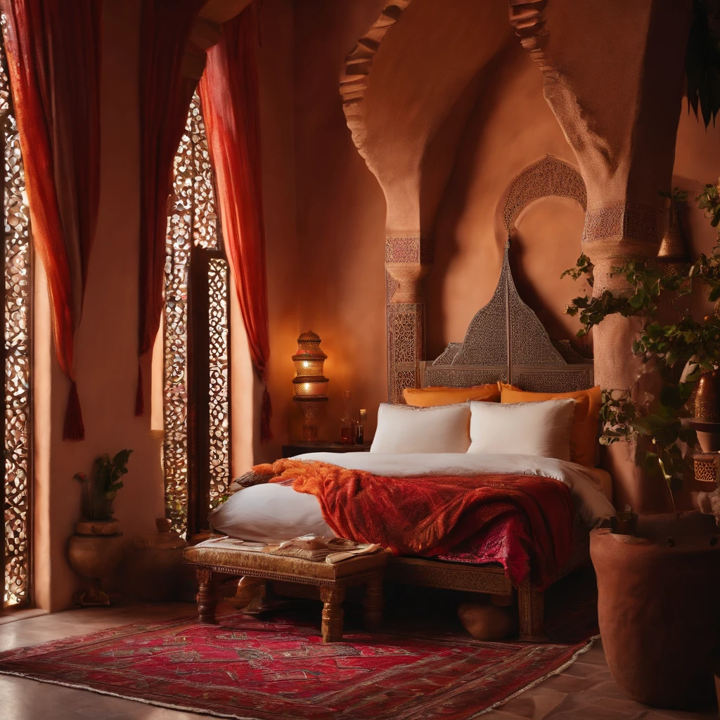 (best quality:1.33), (masterpiece:1.42),(photorealistic:1.3) (detailed:1.15), (Moroccan riad bed), roses all over, romantic, romance, glimmering night, Amazigh pillows, messy blankets, sexy