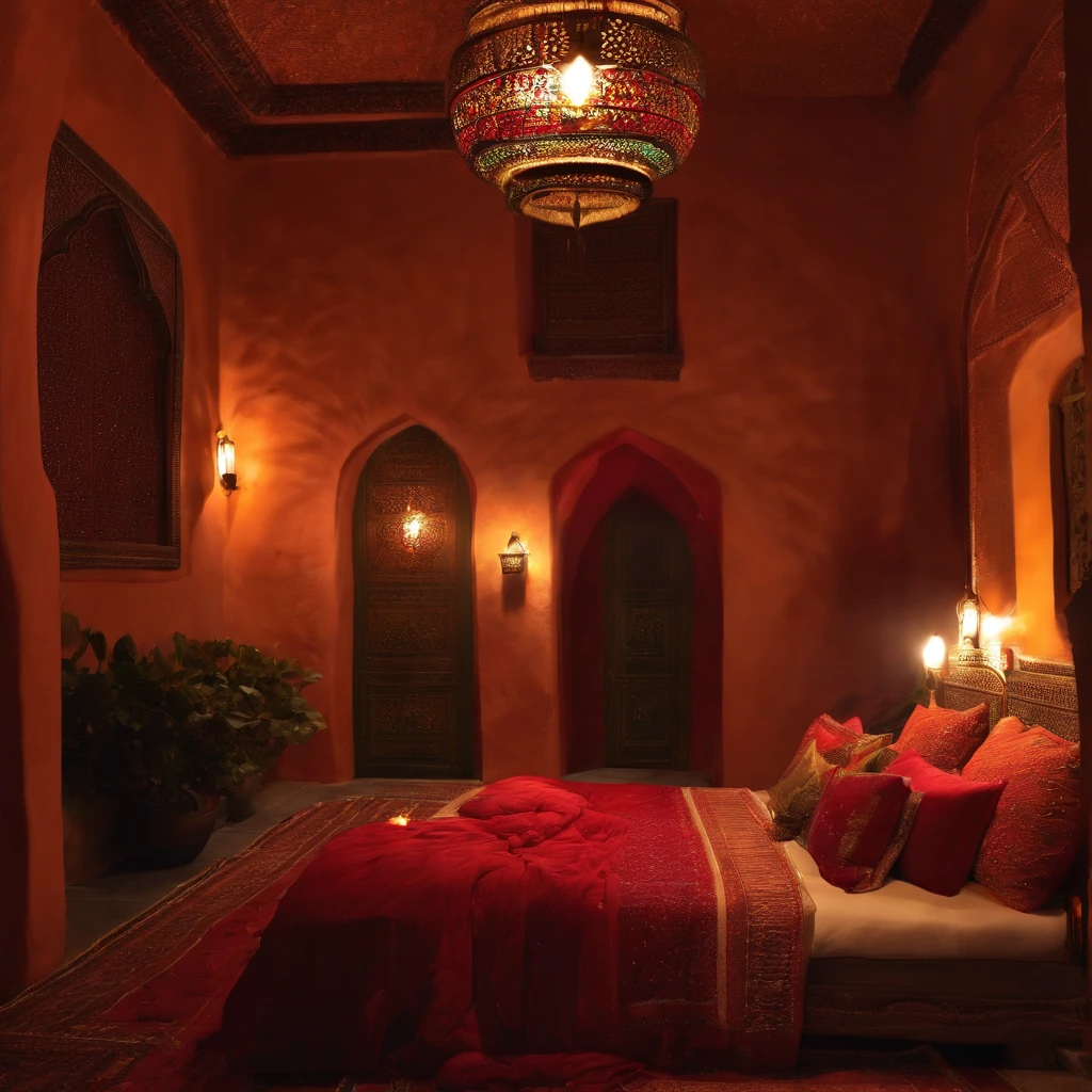 (best quality:1.33), (masterpiece:1.42),(photorealistic:1.3) (detailed:1.15), (Moroccan riad bed), roses all over, romantic, romance, glimmering night, Amazigh pillows, messy blankets, ????