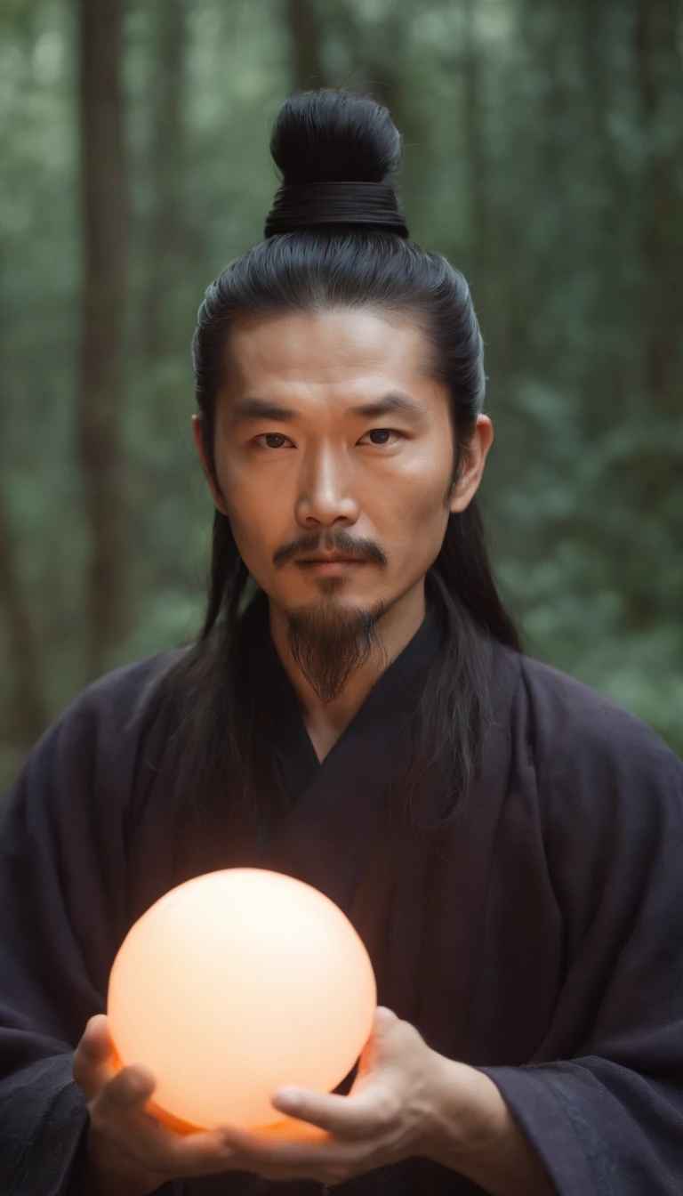 Close-up of a 35-year-old middle-aged Asian man,Holding a glowing ball in his hand,Long hair,Goatee,Mid-range lens,Meditate cross-legged, at centre, a character portrait inspired by Hu Zaobin, Taoist master,Taoist, spell casting wizard, Clear facial features,Very bright colors, Light particles, with light glowing, Mshiv, wallpaper art, UHD wallpaper