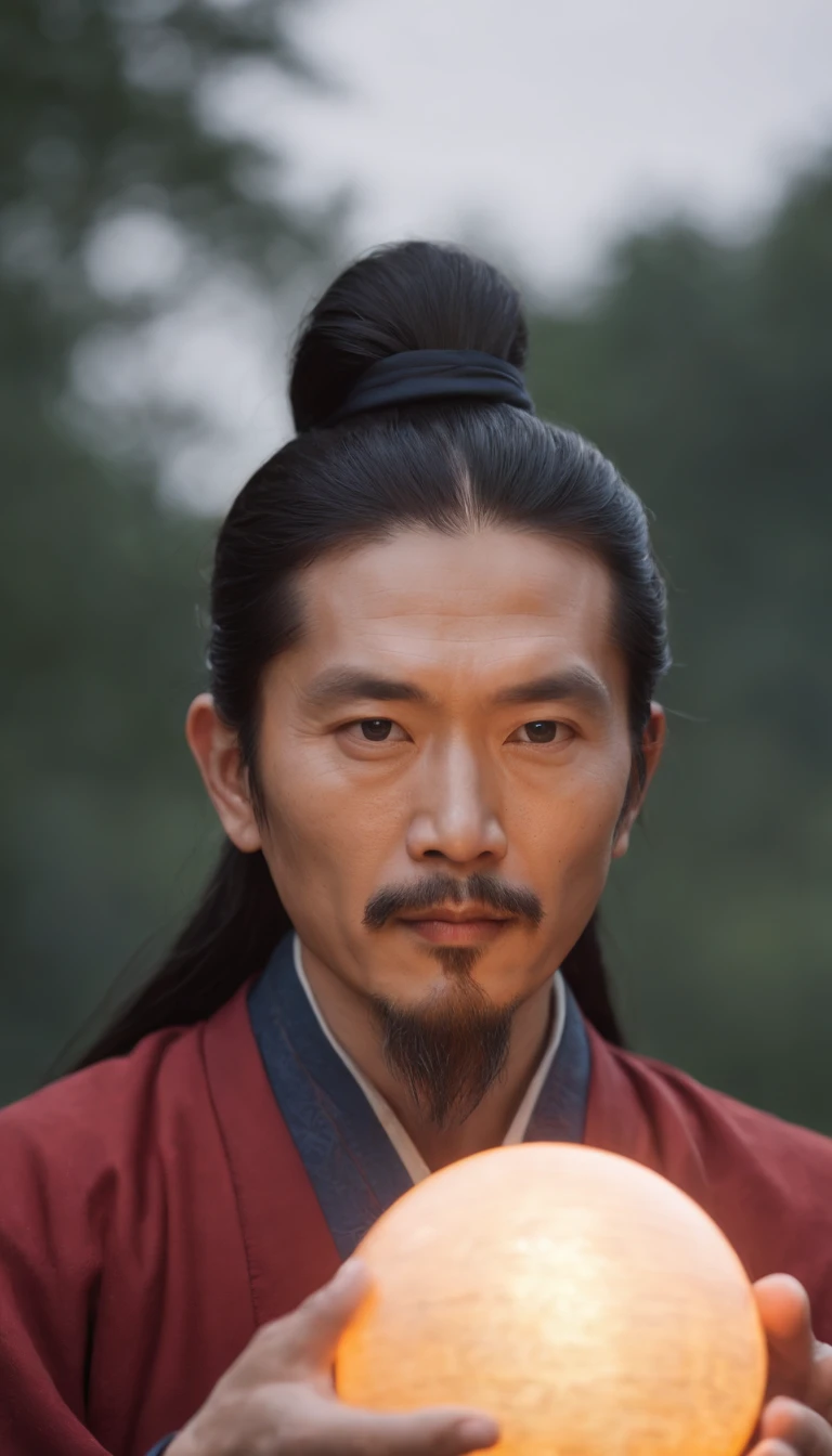 Close-up of a 35-year-old middle-aged Asian man，Holding a glowing ball in his hand,Long hair，Goatee，Mid-range lens，Meditate cross-legged, at centre， a character portrait inspired by Hu Zaobin,   Taoist master,Taoist, spell casting wizard, Clear facial features，Very bright colors, Light particles, with light glowing, Mshiv, wallpaper art, UHD wallpaper