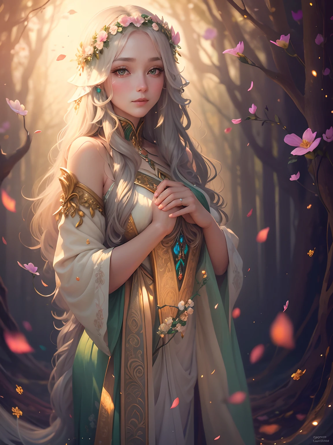 1girll，Pretty girl in deep meditation，Wearing Jedi costumes，sit with legs crossed，（Deep in the forest：1.1），Surrounded by blooming hell flowers，Harmony with the Force，Spiritual retreat，Transcendental tranquility，Desert enlightenment，absurderes，HDR，hyper detailed illustration，Extremely detailed face，RAW photos，filmgrain，skin pore，Deviant art trends