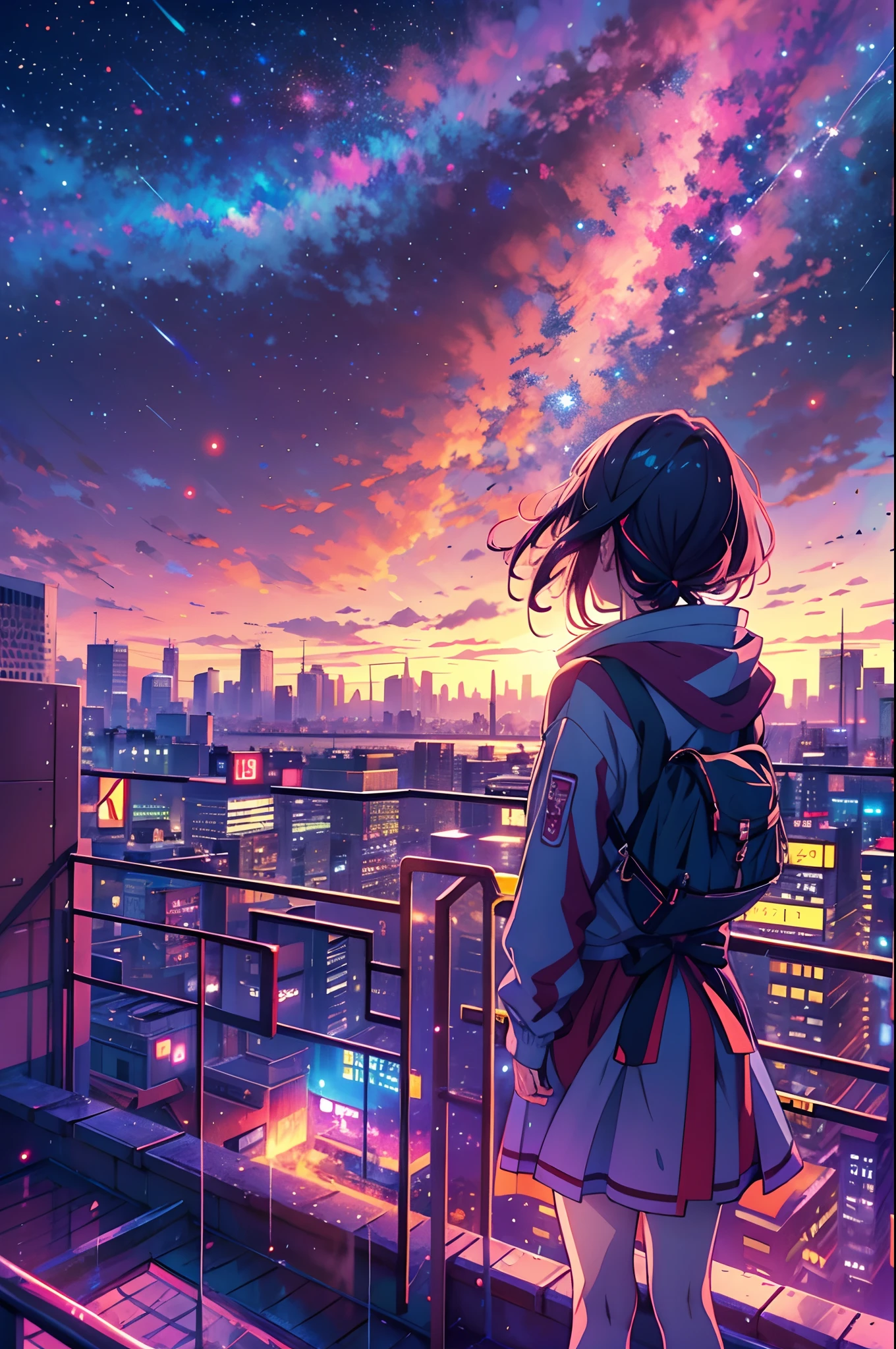 anime girl standing on rooftop looking at night sky with stars and rainbow, rainbow starry night, anime wallpaper 4k, anime wallpaper 4 k, 4k anime wallpaper, anime art wallpaper 8 k, anime art wallpaper 4k, anime art wallpaper 4 k, anime style 4 k, makoto shinkai cyril rolando, 4 k manga wallpaper, anime wallpaper, amazing wallpaper, shooting stars