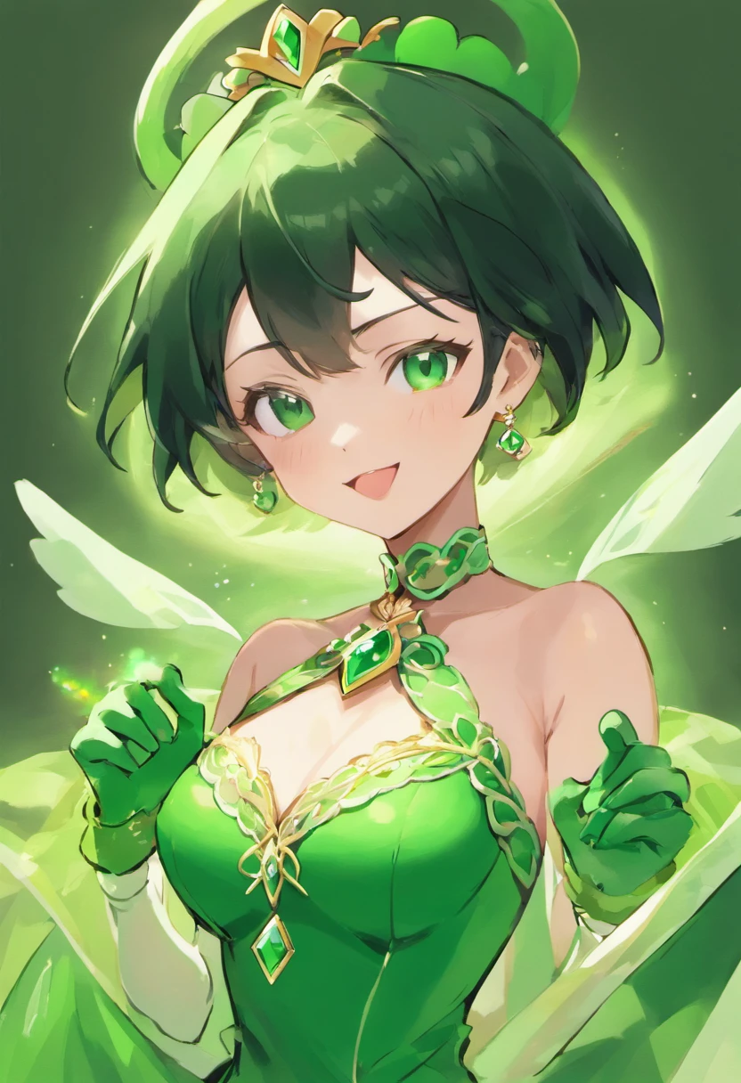 emerald tiara, Green Pearl Necklace, Boyish very short black hair, lipsticks, Japan woman smiling, very short short hair, big breasts beautiful, Green eyes, Long green gloves made of satin material, Green eyes, Emerald Earrings, Green eyes, Green dress, Green Bridal Veil