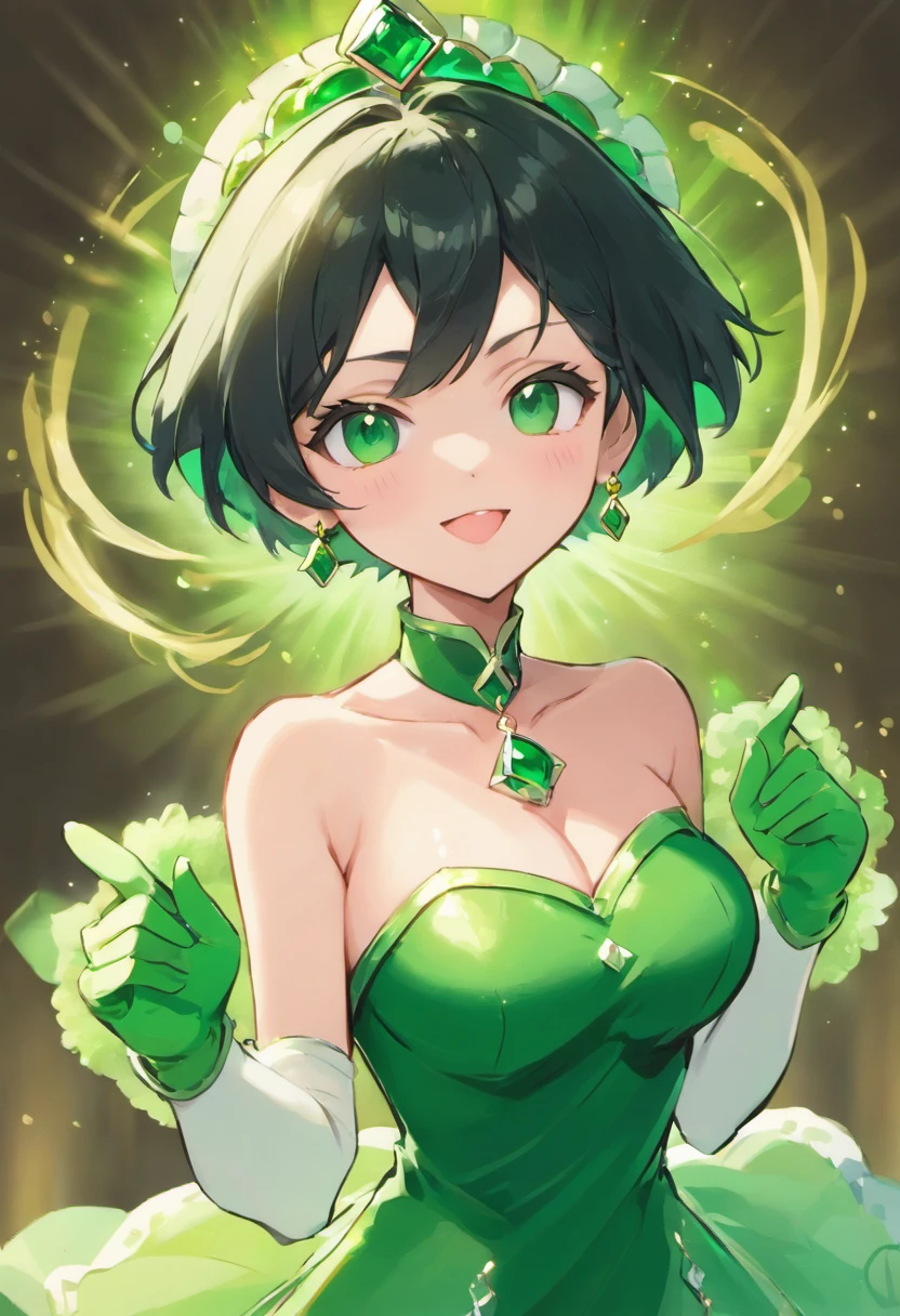 best qualtiy,tmasterpiece,1girll,ers old,Green dress,chies,The upper part of the body,closeup cleavage,With short black hair,big breasts beautiful,looking at viewert,ssmile,Green Bridal Veil,Green Long Grove,Satin Linn Long Gloves, Green Pearl Necklace, lipsticks, ssmile