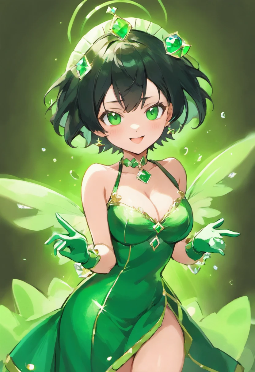 emerald tiara, Green Pearl Necklace, Boyish very short black hair, lipsticks, Japan woman smiling, very short short hair, big breasts beautiful, Green eyes, Long green gloves made of satin material, Green eyes, Emerald Earrings, Green eyes, Green dress, Green Bridal Veil