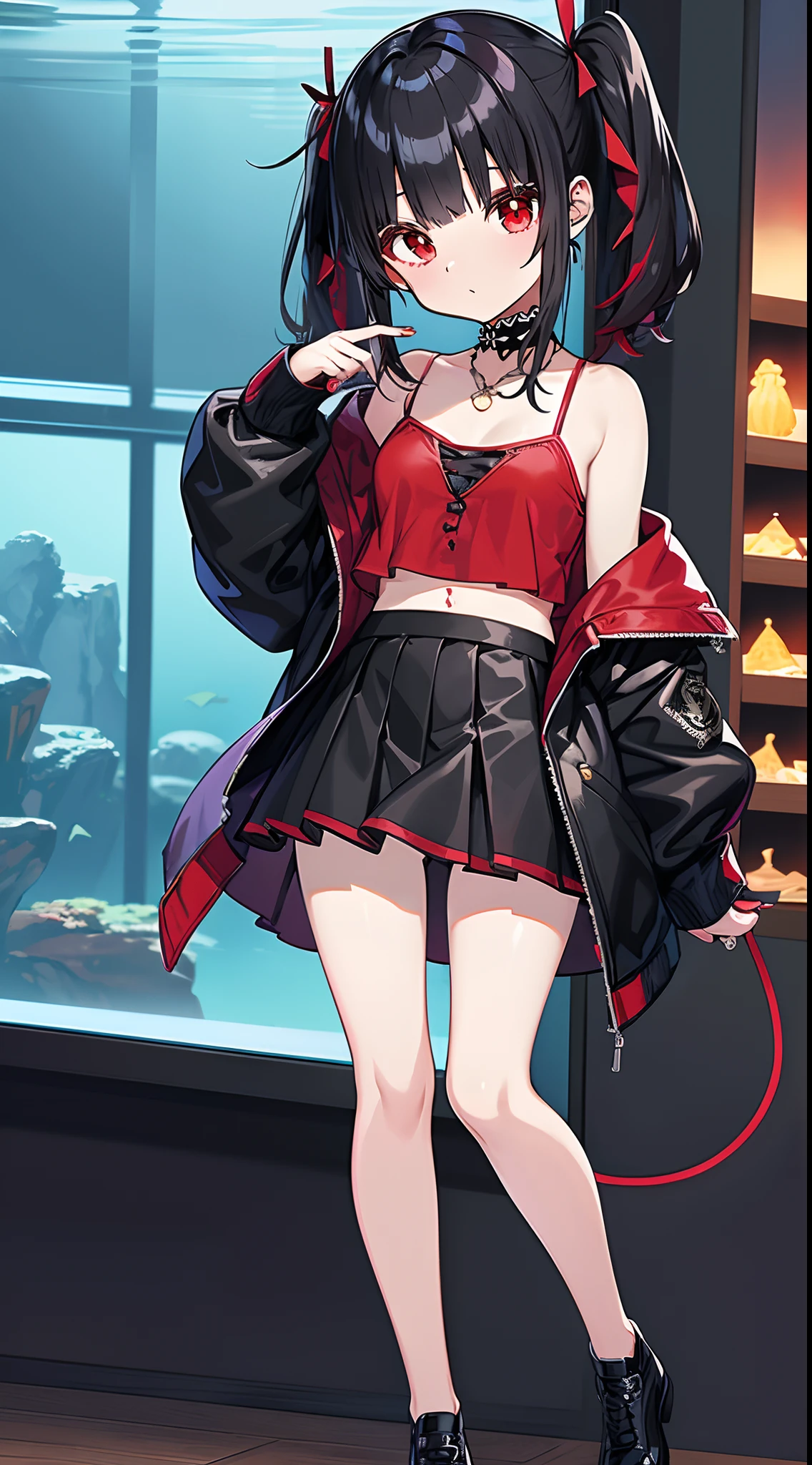 Anime style girl, 1 girl, Black-haired solo, Red Eyes，Twin-tailed,Red Hair Ribbon, piercings, Very cute clothes, Red Off-Shoulder Tops, Black miniskirt, Leather shoes, Looking at Viewer,Large aquarium background