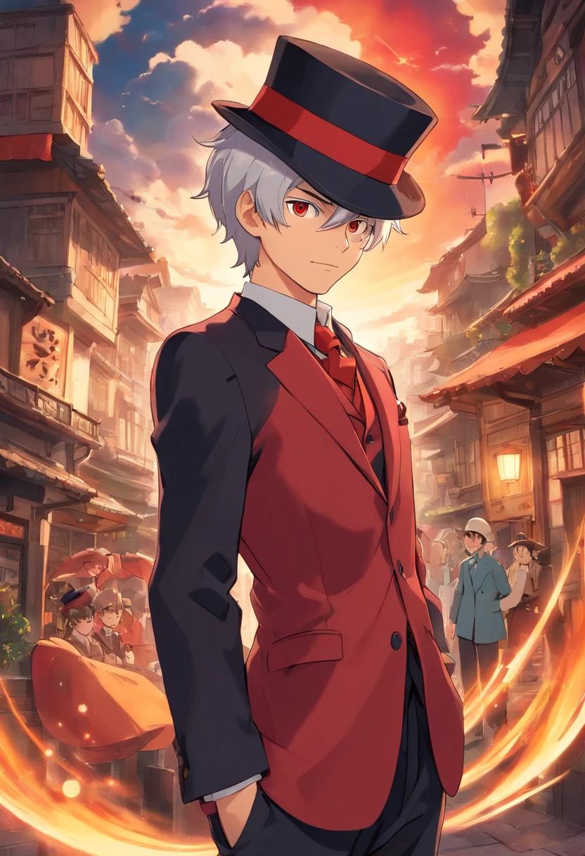 young male,Black and red suit,bowler hat,whaite hair,magister