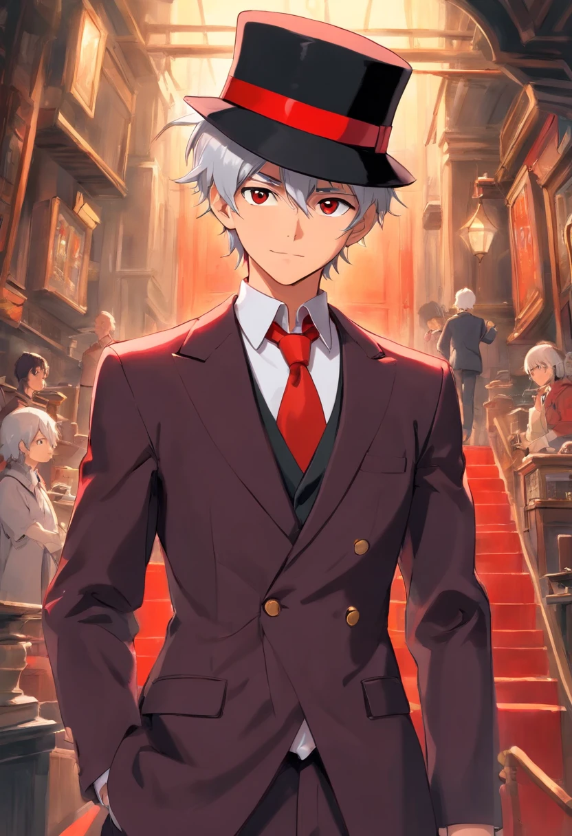 young male,Black and red suit,bowler hat,whaite hair,magister