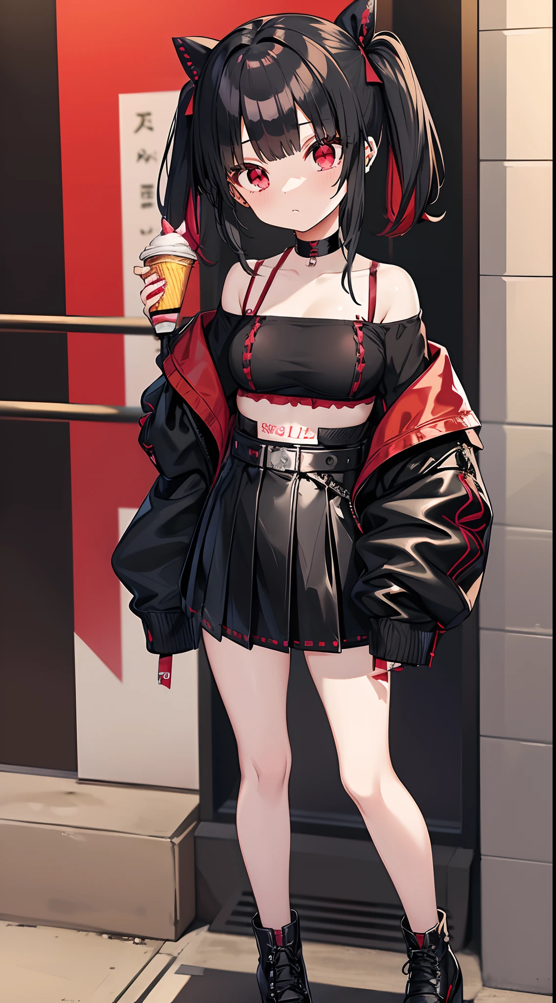Anime style girl, 1 girl, Black-haired solo, Red Eyes，Twin-tailed,Red Hair Ribbon, piercings, Very cute clothes, Red Off-Shoulder Tops, Black miniskirt, Leather shoes, Looking at Viewer,street，Eating ice cream