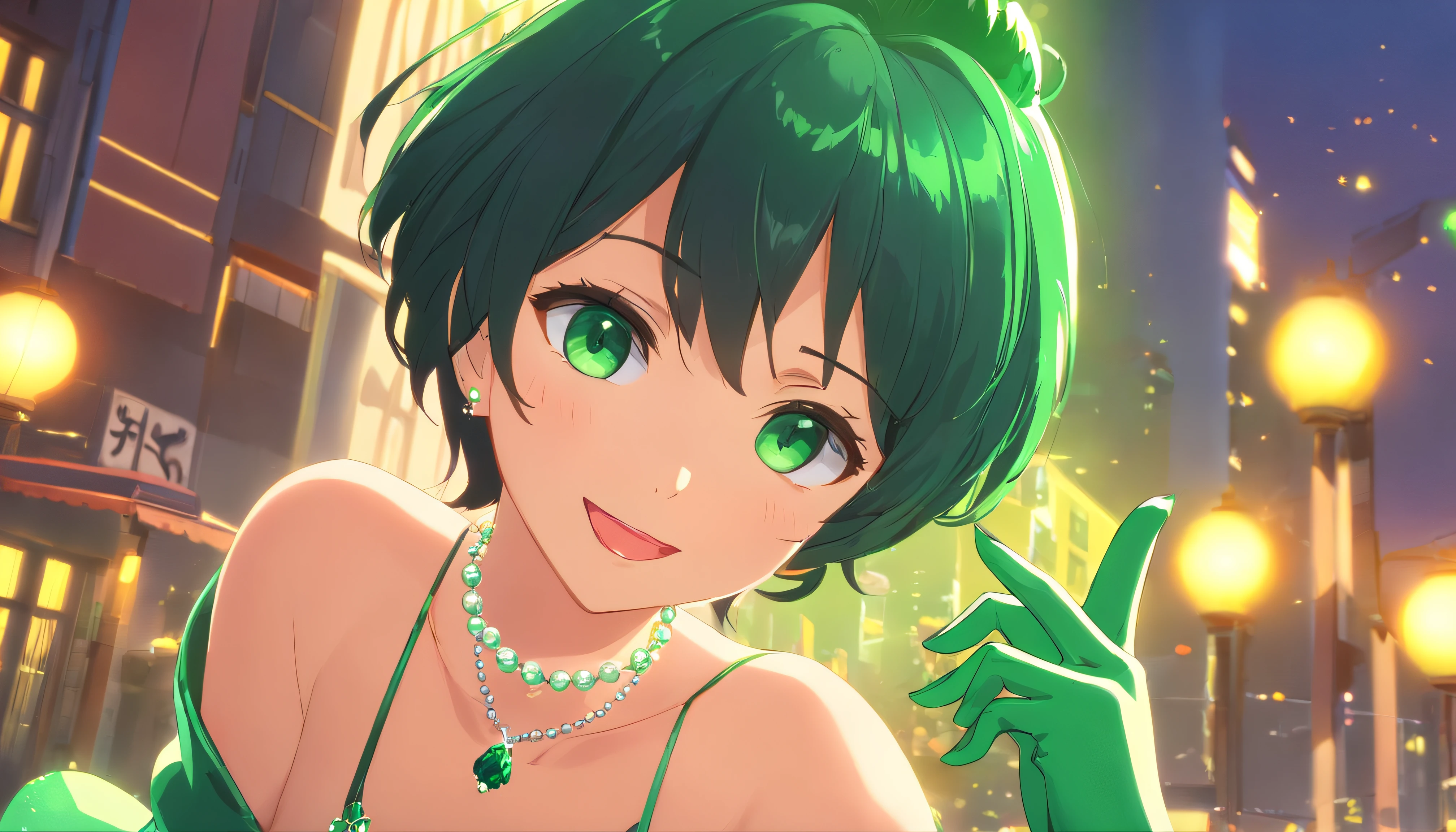 emerald tiara, Green Pearl Necklace, Boyish very short black hair, lipsticks, Japan woman smiling, very short short hair, big breasts beautiful, Green eyes, Long green gloves made of satin material, Green eyes, Emerald Earrings, Green eyes