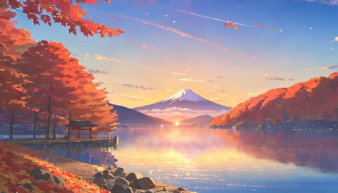 Autumn leaves in Japan、Autumn leaves that look like the mountains are burning、Sunset、Autumn leaves that look red in the setting sun、Mt fuji、lake、Autumn leaves reflected on the surface of the lake、The glittering summit of Mt. Fuji、
