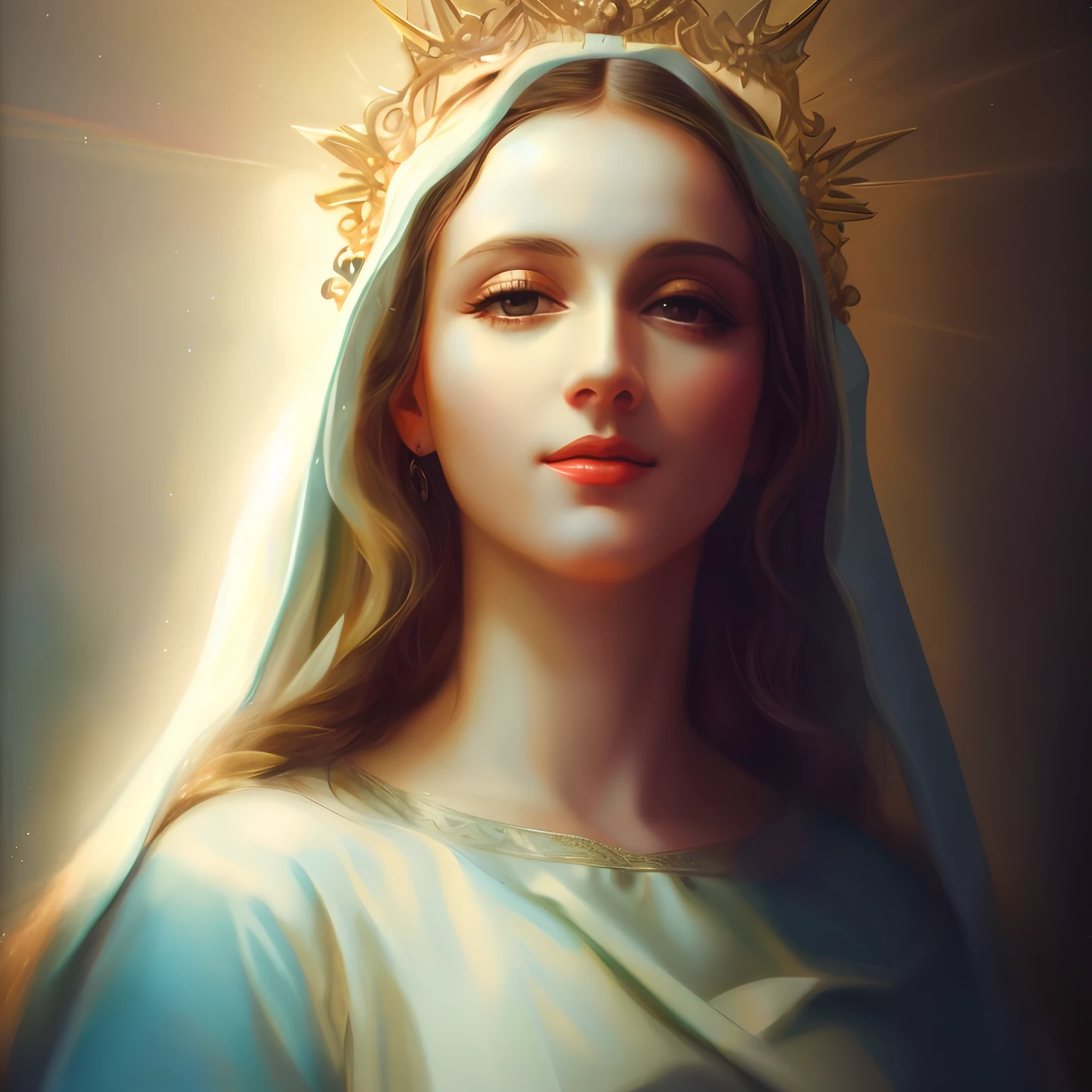 a painting of a woman with a crown on her head, queen of heaven,Virgem Maria realista, histi=oricamente porecisa, VIrgem Maria perfeita, santidade, Virgem Maria, Retrato da Virgem Maria, Virgem Maria, Retrato da Rainha da Luz, majestosa mulher de santo, Retrato da deusa 3D, Retrato detalhado de Madonna, Arte digital H 9 6 0, Directed by: Roman Bezpalkiv, pintura digital barroca, pintura digital renascentista, catholic religious art, deusa bonita cinematic,