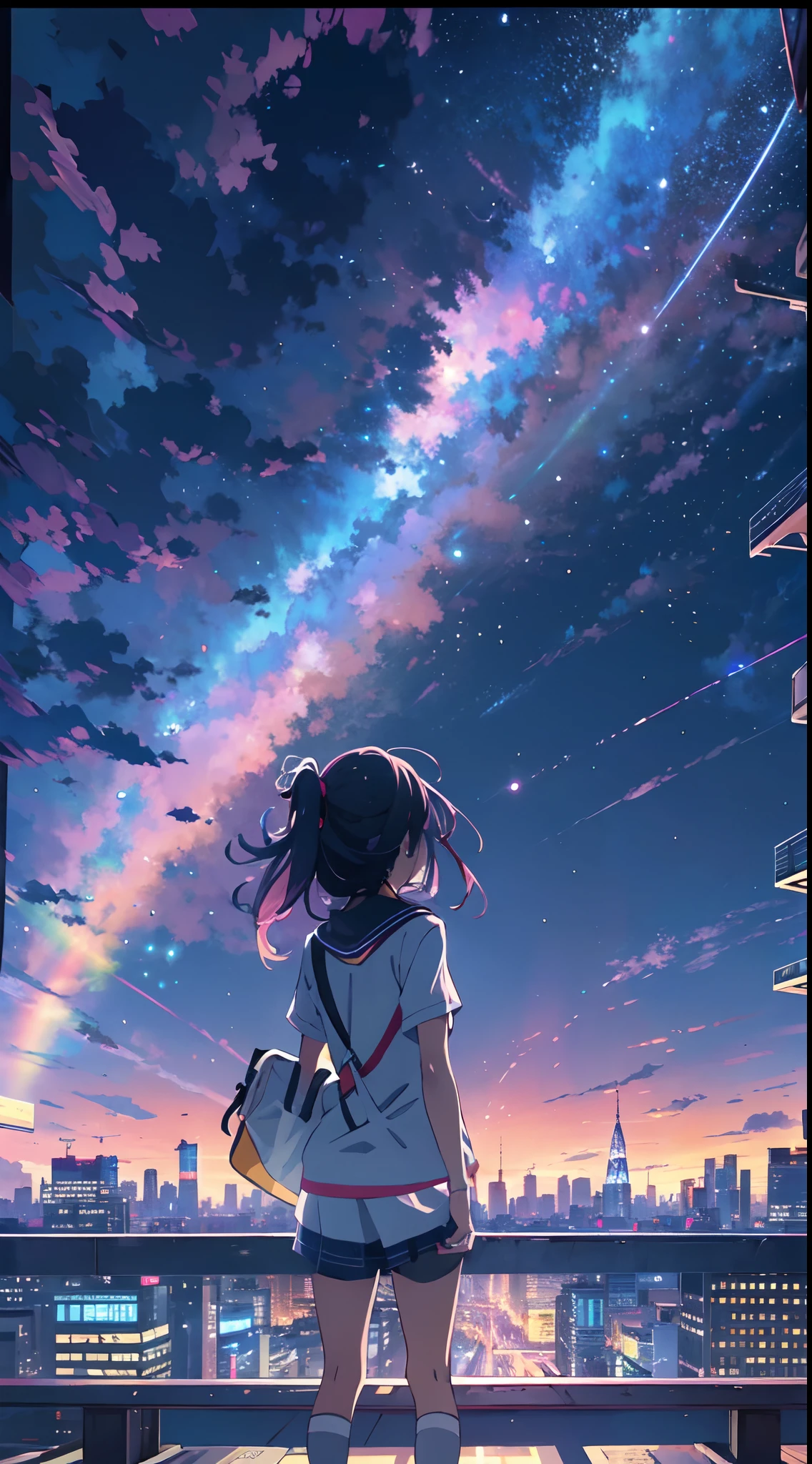 anime girl standing on rooftop looking at night sky with stars and rainbow, rainbow starry night, colorful giant rainbow, anime wallpaper 4k, anime wallpaper 4 k, 4k anime wallpaper, anime art wallpaper 8 k, anime art wallpaper 4k, anime art wallpaper 4 k, anime style 4 k, makoto shinkai cyril rolando, 4 k manga wallpaper, anime wallpaper, amazing wallpaper, shooting stars