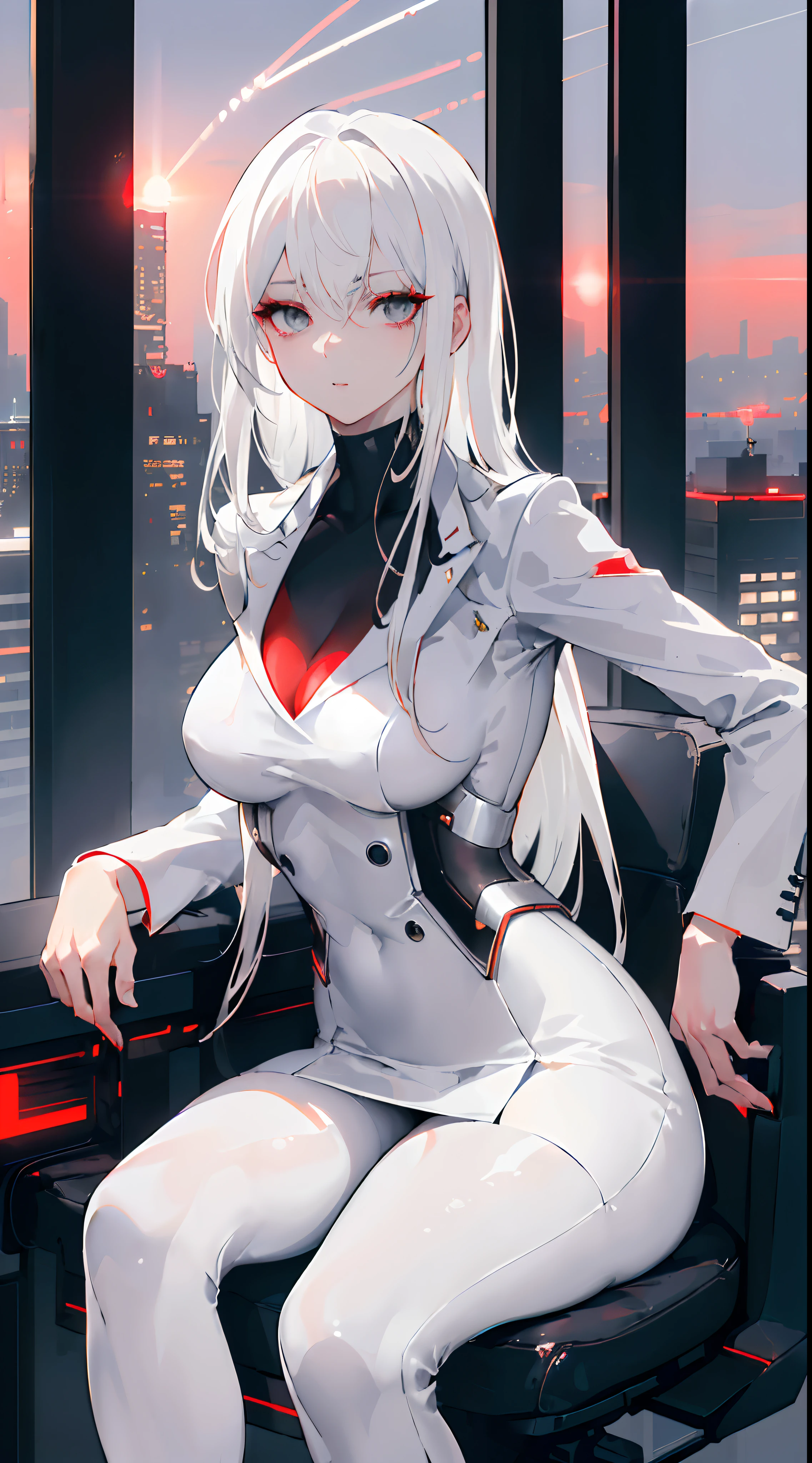 (masterpiece:1.3), (8k, best quality: 1.4), (1girl), beautiful face, (realistic face), Nice hairstyle,,Nice detail eyes,(),Beautiful Skin,Ridiculous,attractive,Ultra high Resolution,an ultra realistic,RAWExtremely detailed,golden proportions, Woman wearing business outfit, white formal blazer, white blouse, white high waist business skirt, beautiful, masterpiece, best quality, perfect lighting, (white hair:1.4), long hair, messy hair, (grey eyes:1.2), slender build, thin, medium breasts, business woman, ceo of small arms and aerospace centered mega corporation, sitting in luxurious black office chair, giant modern window with view overlooking dusk cyberpunk city skyline in background, torso shot, dusk, (cyberpunk city background:1.3), (Hazy sky:1.2), (Dim red sun:1.3), eyelashes, dark eyeliner, cyberpunk, older, sleek modern-futuristic office, (white clothes:1.2), (aerospace:1.1), (distant contrail rising up into the sky:1.3)