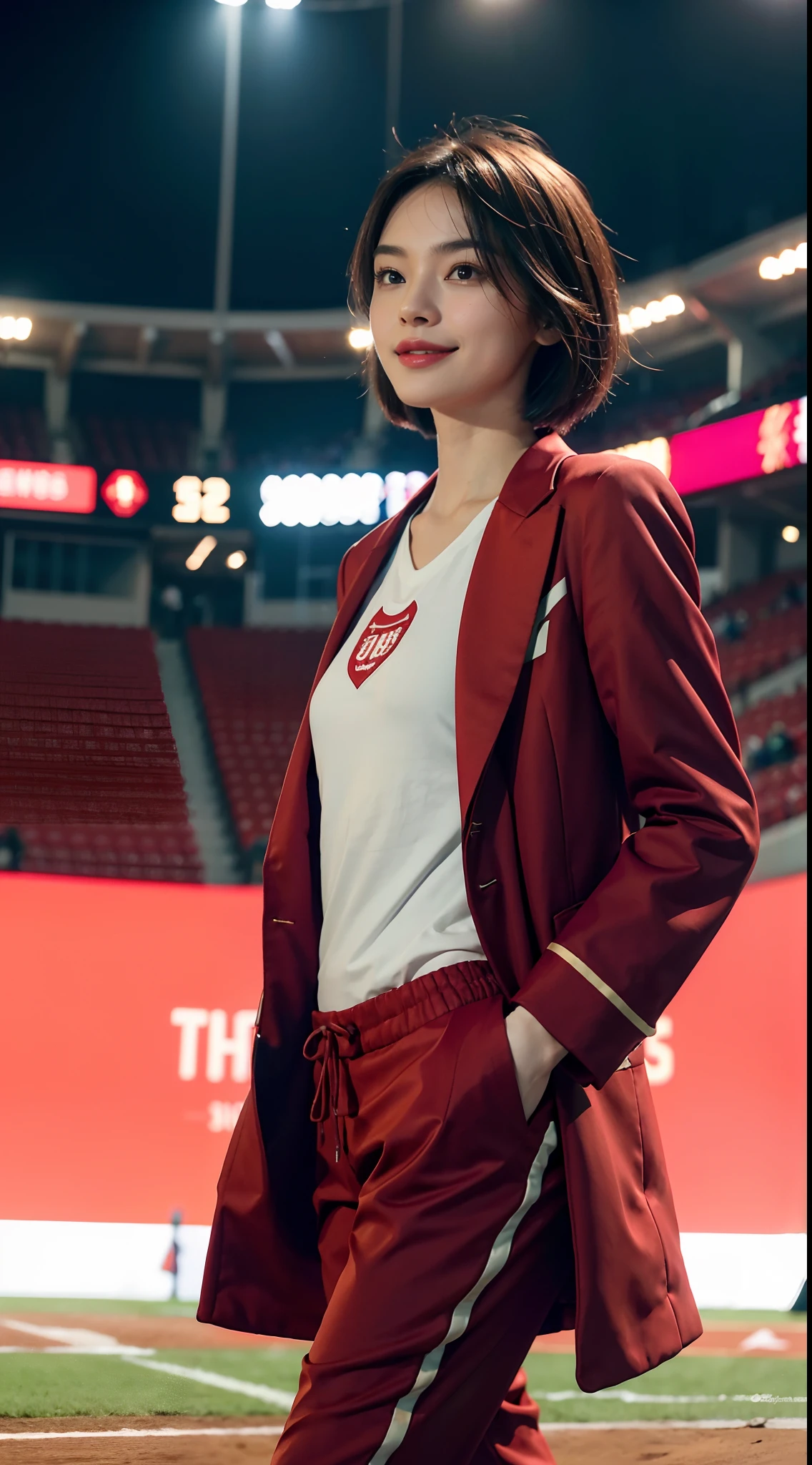 (shoulder-length straight short hair: 1.2),（Extremely meticulous CG 8k wallpaper），（Extremely refined and beautiful），（Masterpiece），（best qualtiy:1.0），（Ultra High Resolution:1.0），beautiful light up，Perfect lightning，realistic shaded，[A high resolution]，Smooth and flawless fair skin，Extremely exquisite facial details，ultra - detailed，A  girl，Smile，cheerfulnes,small head,small face,（perfect body:1.1）,small breasts,flat chest,slim,thin,Slender legs,Detailed background,In a large sports stadium,On the field runway,running,(Red sports coat:1.3),(Red long sports pants:1.3), (White sneakers:1.1), Upper body, Close shot,from front,The stands were full filled with spectators,Opening ceremony of the major games,Night view, Bright lights,warm atmosphere