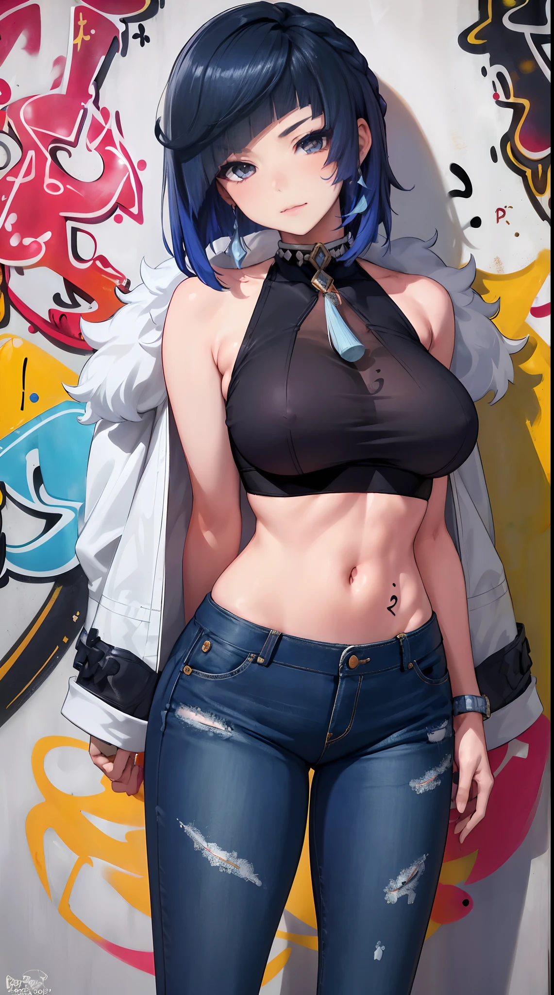 Yelan|genshin impact, master-piece, bestquality, 1girls,25 years old, shorts jeans, crop top, mediuml breasts, Beautiful breasts, bara, Long Jeans, (Graffiti:1.5), Splash with purple lightning pattern., arm behind back, against wall, View viewers from the front., Thigh strap, Head tilt, bored,