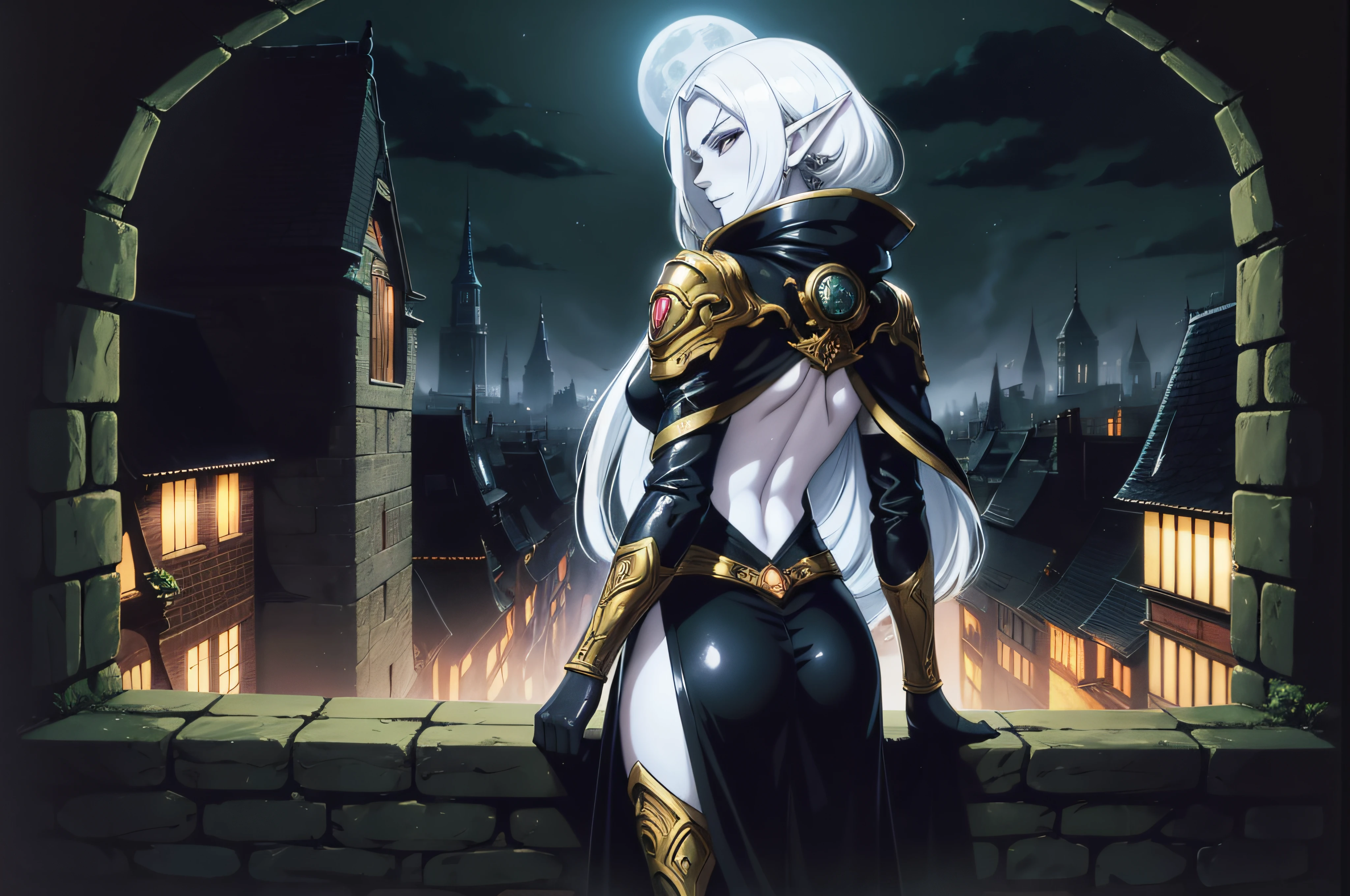 Masterpiece, highly detailed anime illustration of a (Moon Elf [Bard|Woman] with fancy white hair and pale skin), perfect face, looking at viewer, smirk, wearing leather jerkin with black cloak, (standing with her back against a brick wall in a urban fantasy city), (at night:1.2), backlit by the moon, dark fantasy art, poet, fantasy, bold colors, oil on board, (highly detailed, intricately detailed), hires scan, grimdark, concept art (By Mamoru Oshii:1.1)