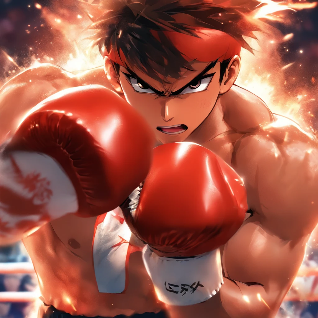 Boy boxer , wearing no shirt, perspiring, with blood in the mouth, anime styling