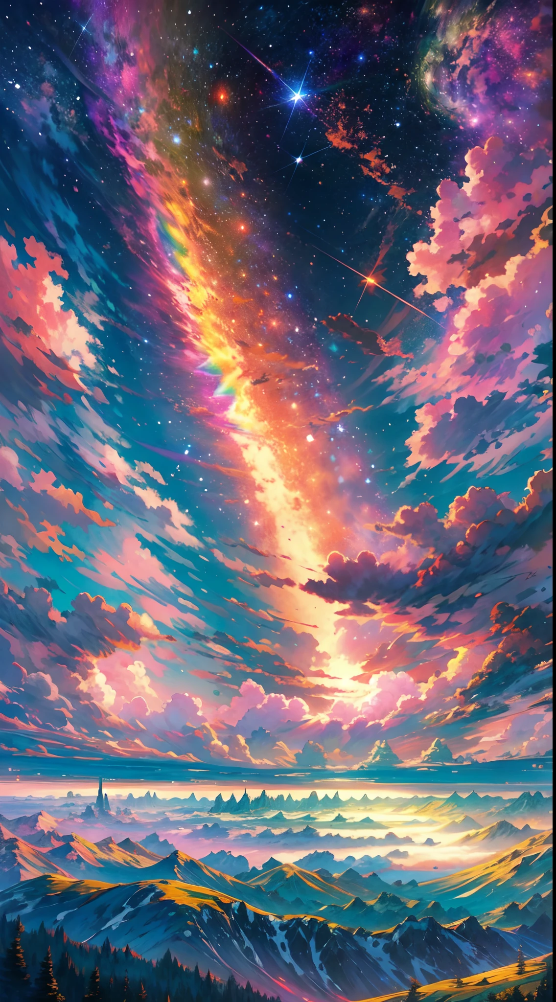 The image depicts a breathtaking otherworldly scenery that is nothing short of magical. It appears to be taken from high above the clouds, as the viewer is presented with a stunning panoramic view of the vast expanse of the sky. The stars twinkle and glimmer, creating a mesmerizing spectacle that is truly awe-inspiring. A colorful rainbow is also visible in the distance, adding a pop of vibrant hues to the otherwise serene and tranquil atmosphere. The sun shines brightly, casting a warm and welcoming glow over the entire scene. Overall, this image is a symphony of colors, light, and beauty that transports the viewer to another world entirely.