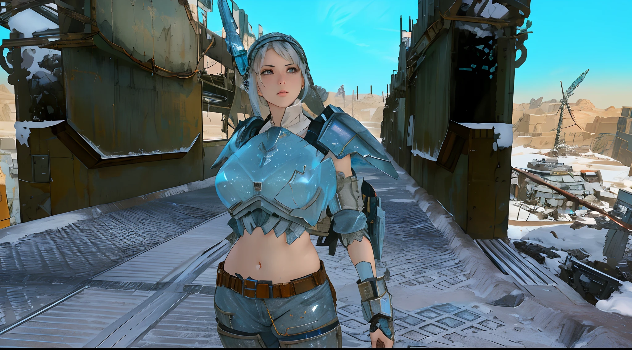 There is a woman standing in the street with a gun, pale blue armor, in a post apocalyptic setting, clothed in ethereal battle armor, Wear Labradorite Body Armor, mechanized valkyrie girl, clothed in battle armor, Dressed in ancient battle armor, mighty princess of the wasteland, Wearing carved textured armor, Evil Princess of the Wasteland