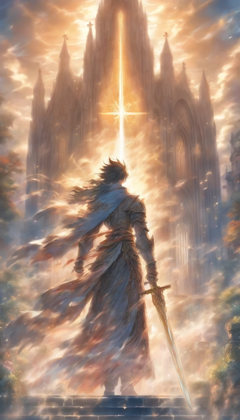 A young and dignified man standing in a mist, with a huge and magnificent church behind him, holding a shining sword of divine light, guarding the entrance to the path.,32k, best quality, masterpiece, super detail, high details by Jidaimono Anime Style
