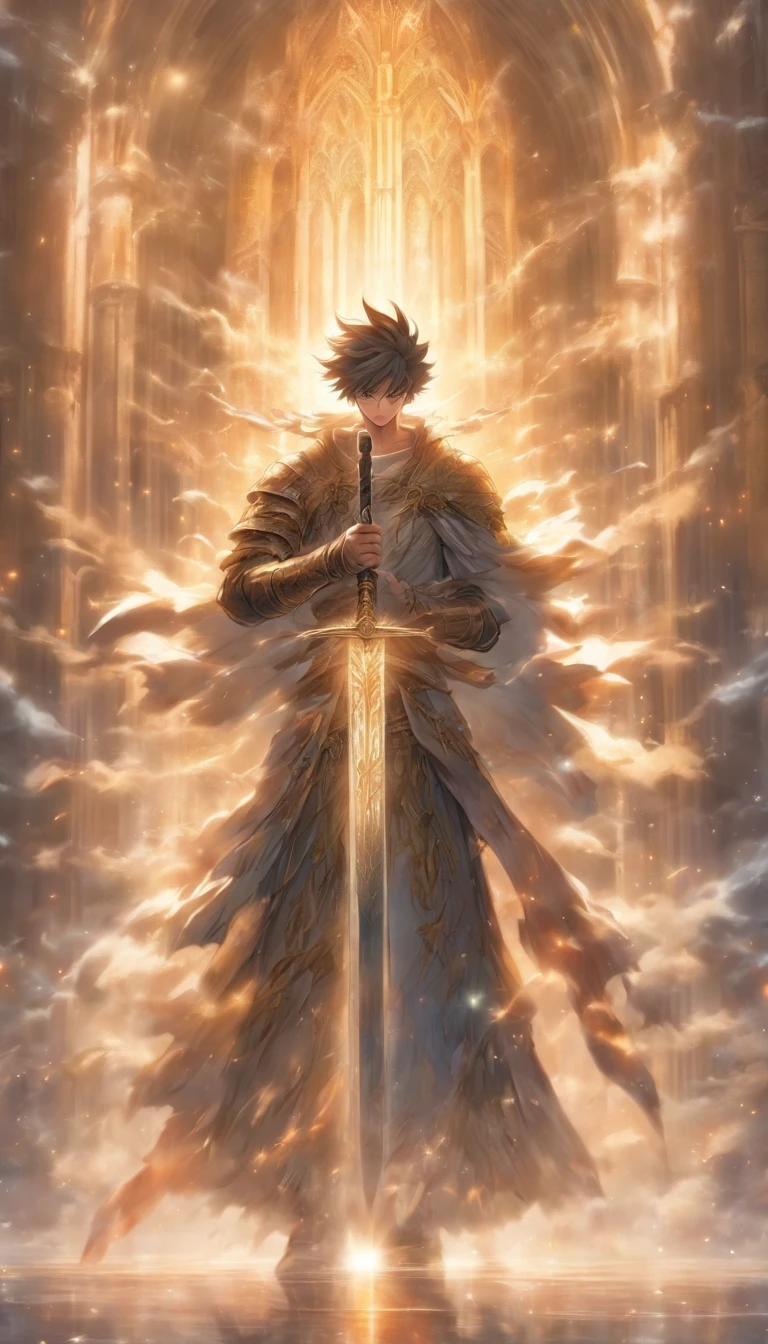 A young and dignified man standing in a mist, with a huge and magnificent church behind him, holding a shining sword of divine light, guarding the entrance to the path.,32k, best quality, masterpiece, super detail, high details by Jidaimono Anime Style