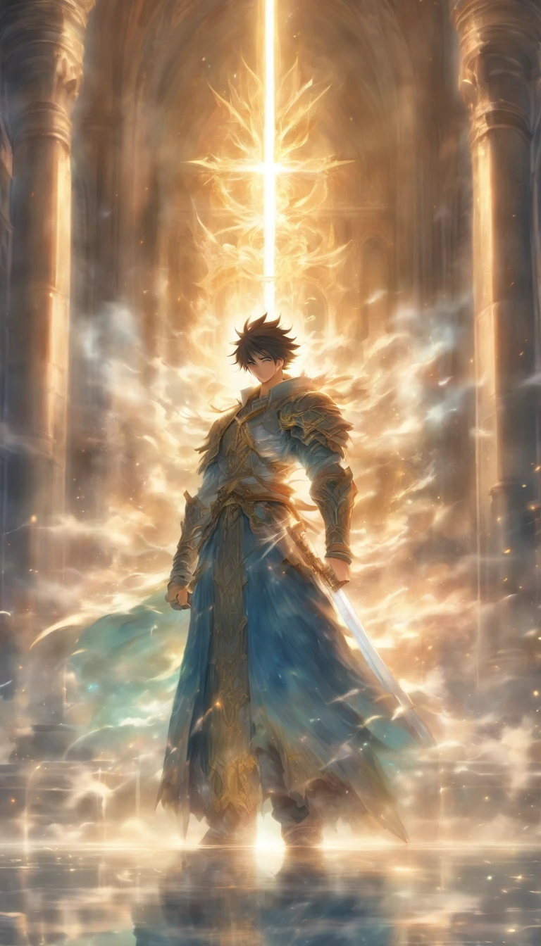 A young and dignified man standing in a mist, with a huge and magnificent church behind him, holding a shining sword of divine light, guarding the entrance to the path.,32k, best quality, masterpiece, super detail, high details by Jidaimono Anime Style
