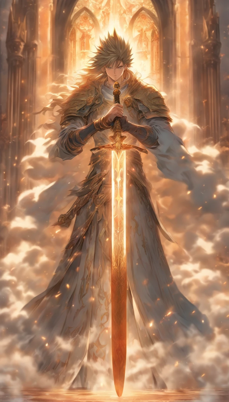 A young and dignified man standing in a mist, with a huge and magnificent church behind him, holding a shining sword of divine light, guarding the entrance to the path.,32k, best quality, masterpiece, super detail, high details by Jidaimono Anime Style