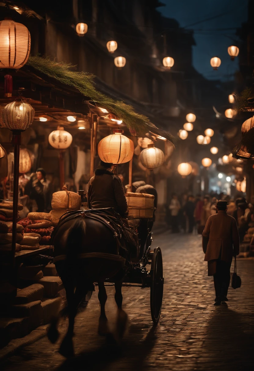 ancient wind、the street、Carriage horses、trade、Godas、pedestrians、Traders、lanterns、Shops、