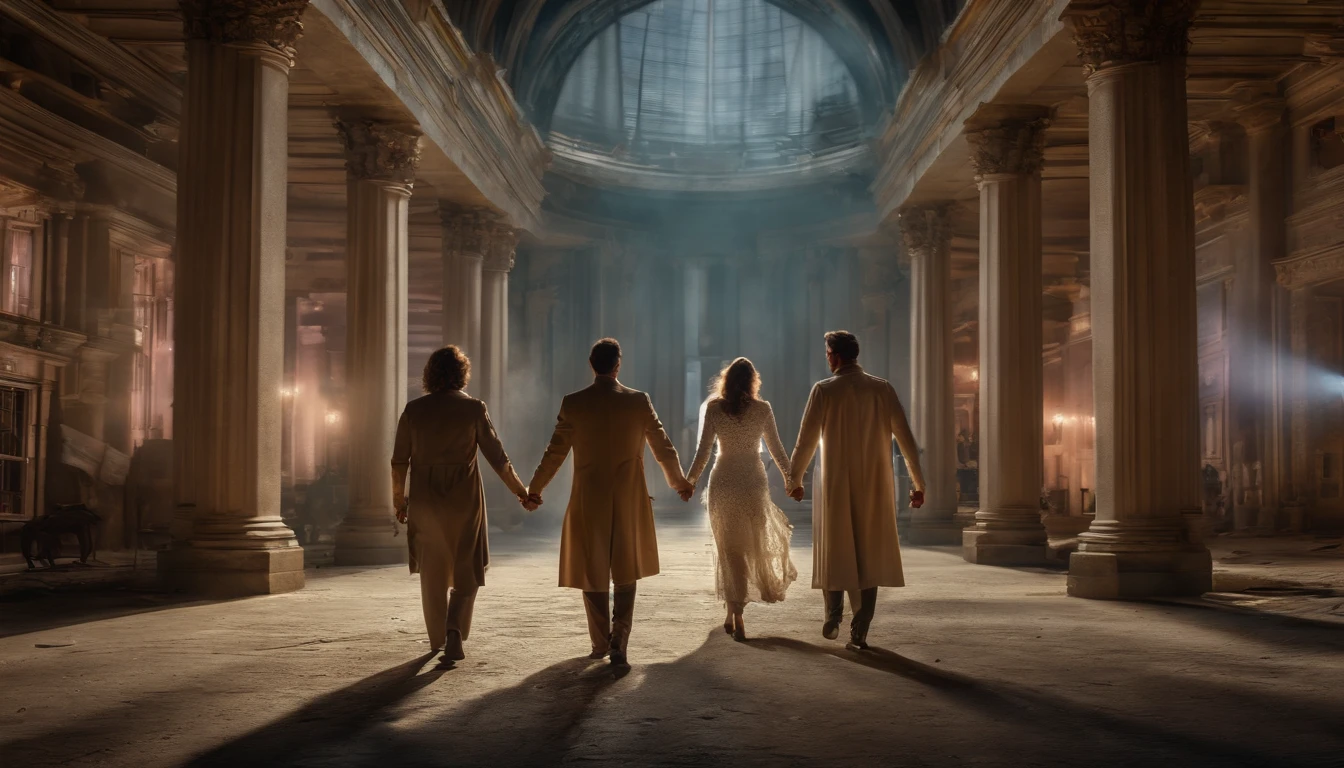 ((Friendship)), End of the world, epic realistic, (hdr:1.4), (pastel colour:1.4), Apocalypse, Abandoned, com cores neutras, Night, Screen space refraction, (Intricate details), (Intricate details, ultra - detailed:1.2), art stations, cinema shot, Vignette, the complex background, Building,((Holding hands))