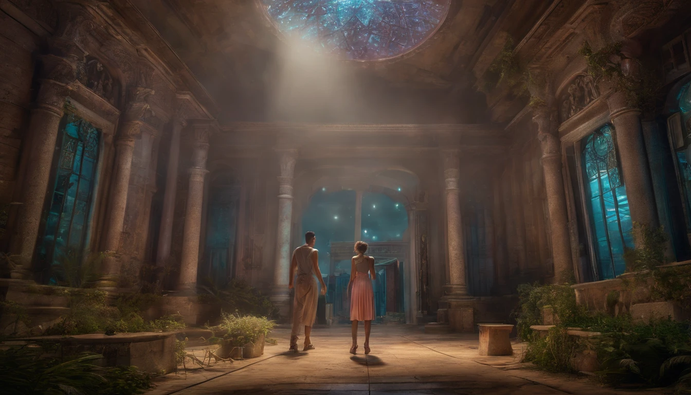 ((Friendship)), End of the world, epic realistic, (hdr:1.4), (pastel colour:1.4), Apocalypse, Abandoned, com cores neutras, Night, Screen space refraction, (Intricate details), (Intricate details, ultra - detailed:1.2), art stations, cinema shot, Vignette, the complex background, Building,((Holding hands))