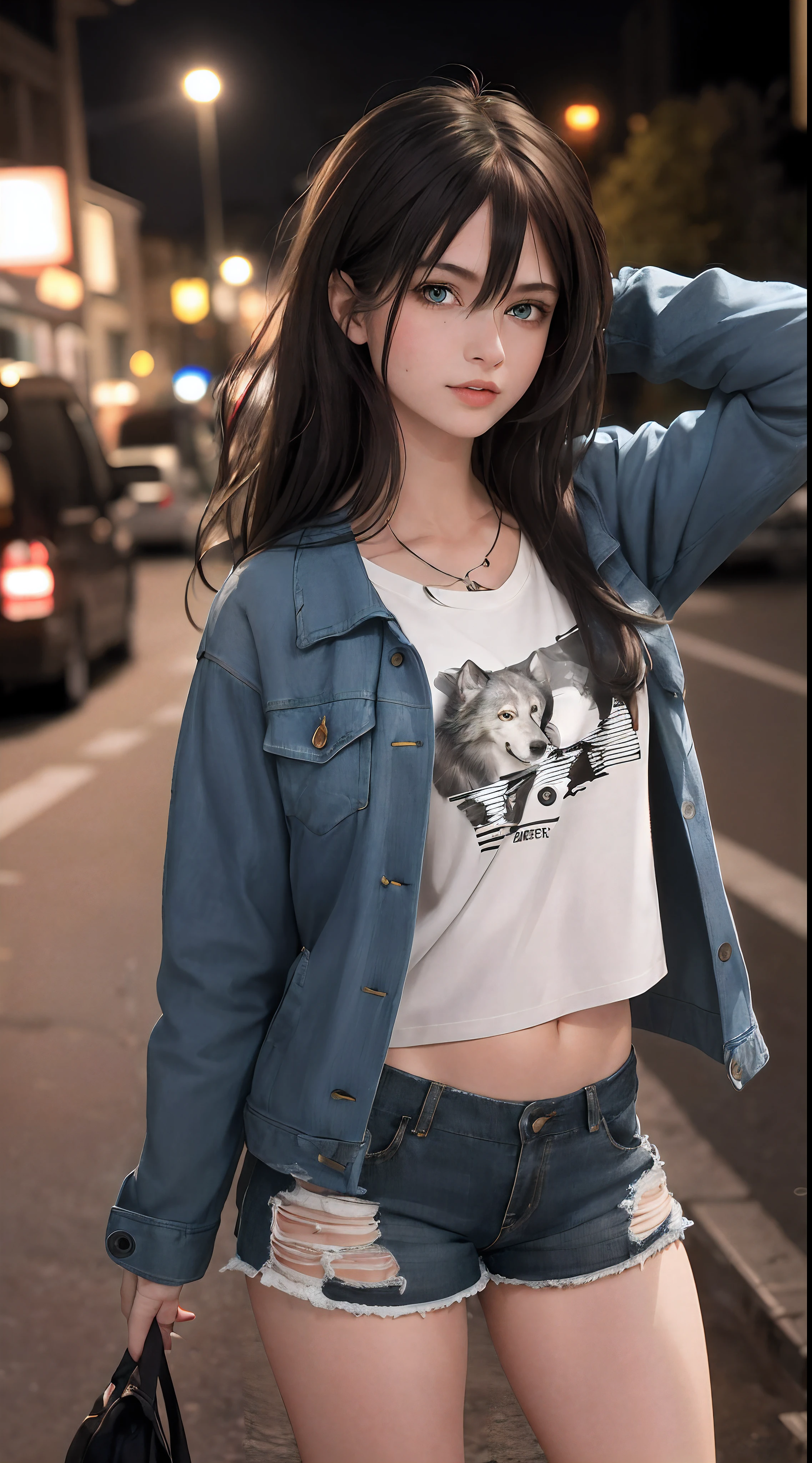 Masterpiece1.2),best quality, 8k))),1 girl , adult, messy hair, long hair, hair,wolfcut,blue eyes,t-shirt,Jacket ,shorts , medium hips , half body portrait, city street, dynamic pose , adult, city, night, beautiful light, high environmental detail