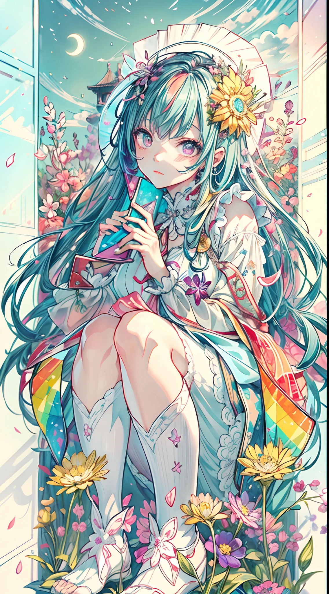 A wide landscape photo, (viewed from below, the sky is above, and the open field is below), an anime girl sitting on colorful flowers field looking up, (full moon: 1.2), (rainbow clouds: 0.9), (rainbow: 1.3), distant mountains , shooting stars, Crafting Art, (Warm Light: 1.2), (Firefly: 1.2), Lights, Lots of Purple and Orange, Intricate Details, colorful palette,Volumetric Lighting BREAK (Masterpiece: 1.2), (Best Quality), 4k, Ultra Detailed, (Dynamic Composition: 1.4), Rich in Detail and Color, (Rainbow Color: 1.2), (Glow, Atmospheric Lighting), Dreamy, Magical, (Solo: 1.2),