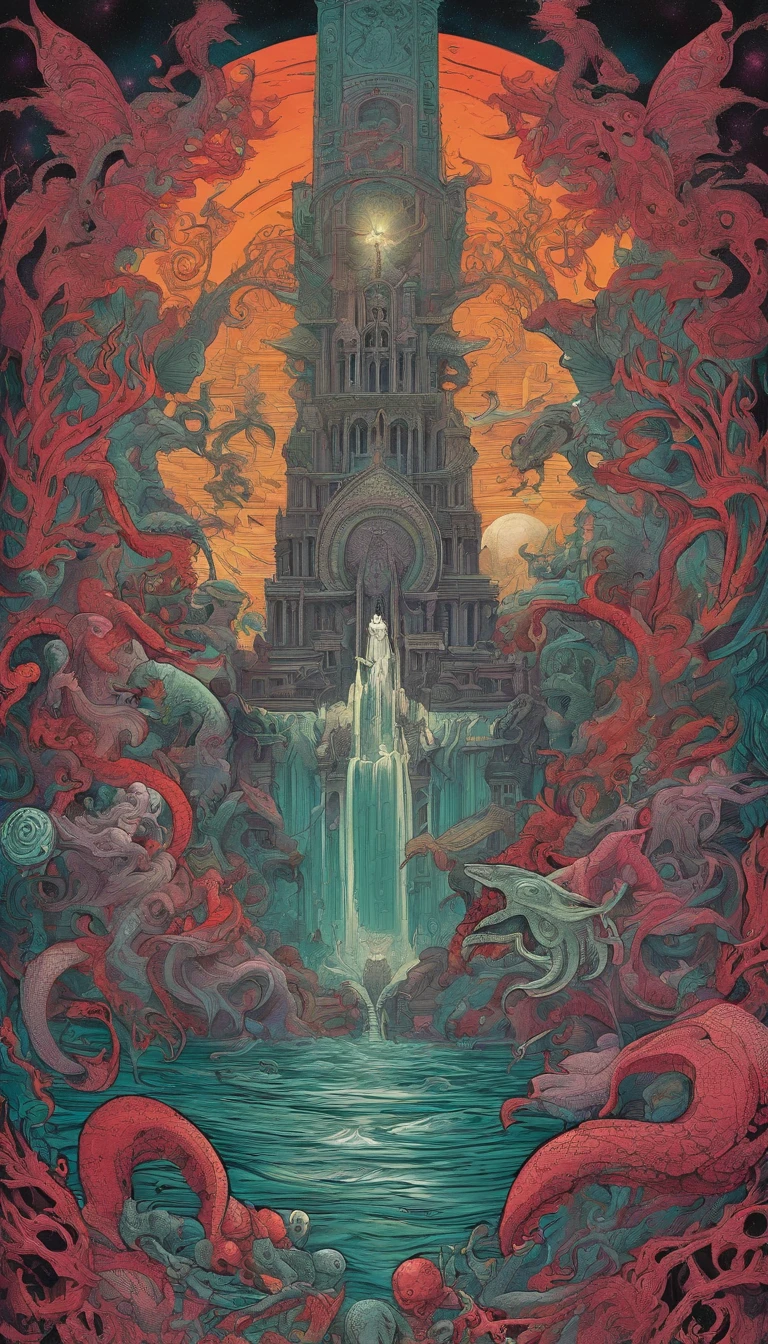 From the depths he emerges, devil,
The Cthulhu's Parade in crimson hues.
Whispers of the otherworldly echo,
A festival where madness and beauty fuse.
In the night sky adorned with abyssal splendor,
Feathers stained with blood dance and soar.
Entwined by threads of fate,
The deranged revel in ecstasy's roar.
Oh mighty Cthulhu, ruler of the depths,
In our pursuit of desires so forlorn,
We embark on a path of madness and despair,
Guided by the disciples of the one we adorn.
On the grand boulevard, grotesque forms stride,
Where terror and beauty intertwine.
In the realm betwixt dreams and nightmares,
We surrender ourselves to euphoria's shrine.
Praise his name, the great Cthulhu,
Monarch of the abyss, the wellspring of our insanity.
In this eternal procession's stage,
We celebrate the coming of the world's calamity.
