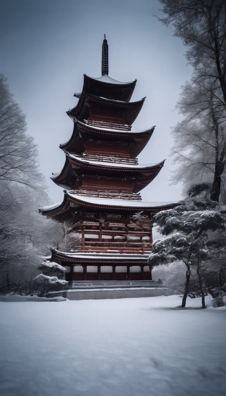 Covered with snow，Rizhao Jinshan，The top of the mountain looks down on all living beings，ancient buildings of China，Temple，Maple Grove，Shakyamuni imagined，High detail，lightand shade contrast，hyper HD，tmasterpiece，winning artwork，Best quality at best，A high resolution，16k