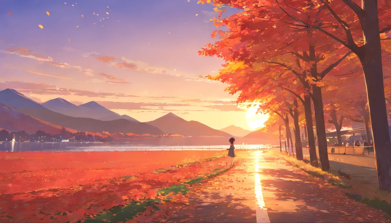 Autumn leaves in Japan、Autumn leaves that look like the mountains are burning、Sunset、Autumn leaves that look red in the setting sun、