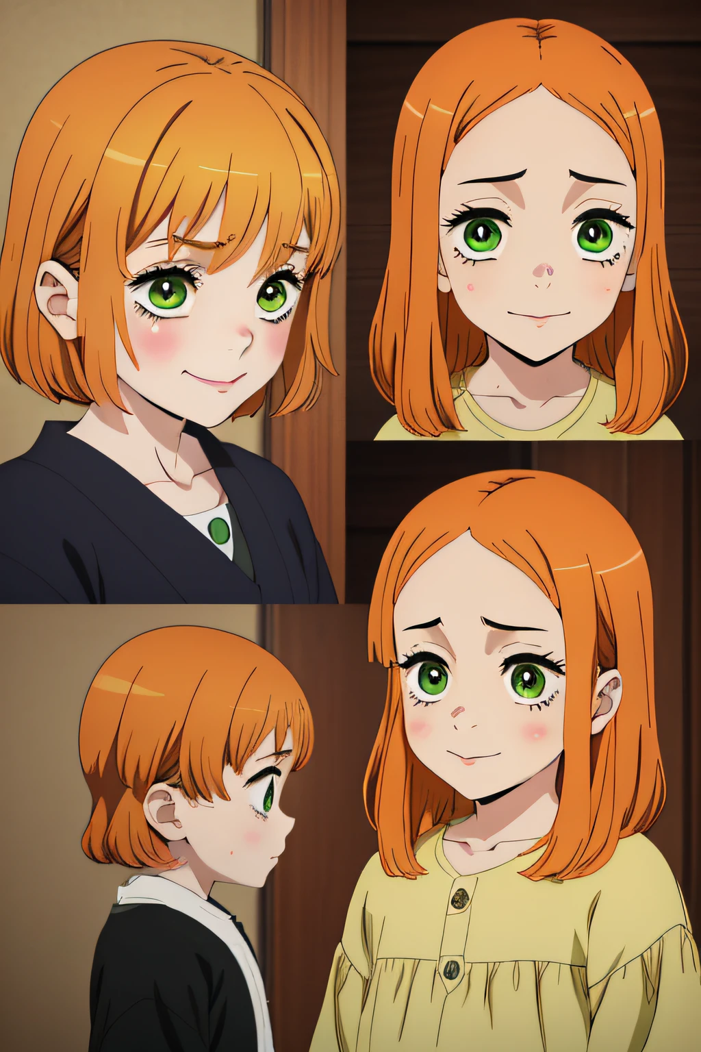 girl, kid,e, concerned,sad ,bitter, somber, with short dark orange hair, green eyes, young age, sheet, different poses, big smile, smiling, shoulder-length hair