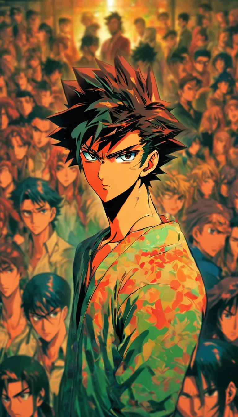 A melancholic man standing in front of a group, trying to hide his inner sadness, scrutinizing ten young people with a serious expression, spacious conference room with a large screen displaying various data and charts, ,32k, best quality, masterpiece, super detail, high details by Jidaimono Anime Style