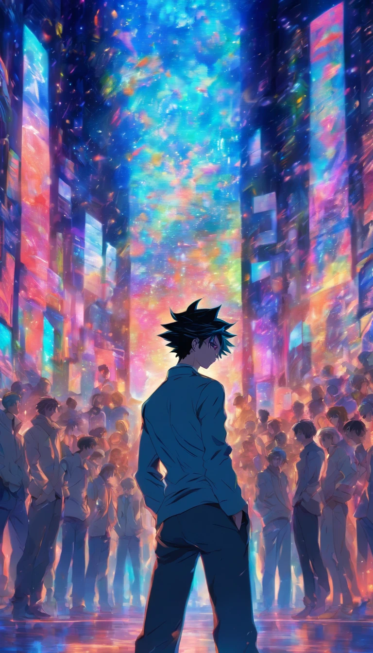 A melancholic man standing in front of a group, trying to hide his inner sadness, scrutinizing ten young people with a serious expression, spacious conference room with a large screen displaying various data and charts, ,32k, best quality, masterpiece, super detail, high details by Jidaimono Anime Style