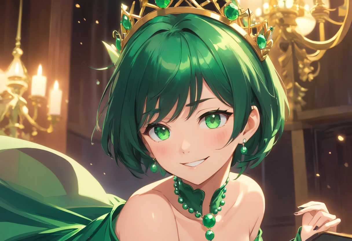 emerald tiara, Green Pearl Necklace, Boyish very short black hair, lipsticks, Japan woman smiling, very short short hair, big breasts beautiful, Green eyes, Long green gloves made of satin material, Green eyes, Emerald Earrings, Green eyes