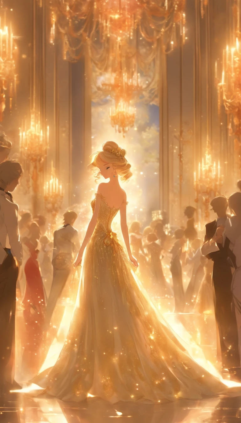 Ten young people gathered in a spacious and bright banquet hall. Two stunning women in gorgeous evening gowns caught everyone's attention. One with blonde hair and blue eyes, the other with black hair and red lips. They exuded elegance and grace, standing out among the crowd. The walls of the banquet hall were adorned with exquisite oil paintings, and the shimmering chandeliers cast a bright light, creating a romantic and luxurious atmosphere. ,32k, best quality, masterpiece, super detail, high details by Jidaimono Anime Style