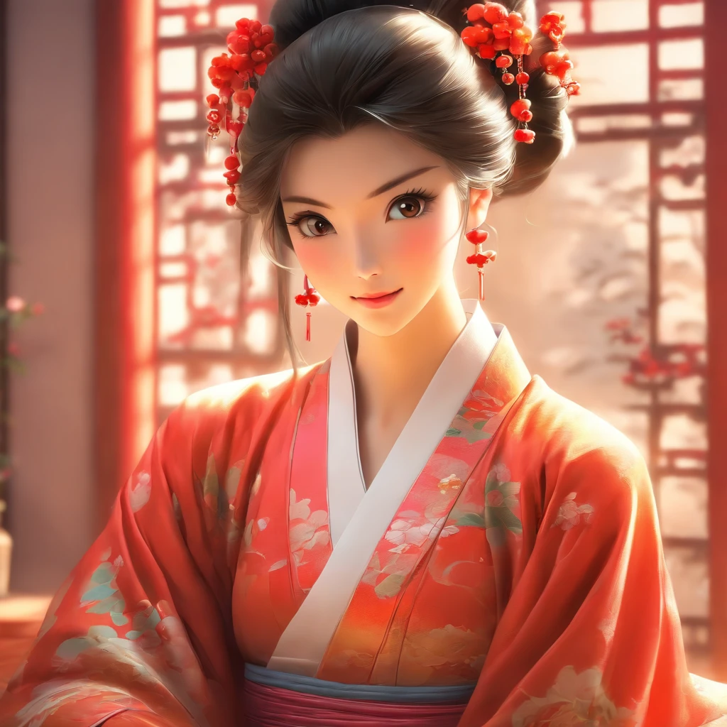A beautiful young woman dressed in traditional Chinese dress, stylish living room, photo-realistic techniques, Muzi·. nipple process, 32k ULTRAHD, Sonyan, classical, Historical genre scenes, Serenity Face --AR 69:128 --s 750 --V 5.2