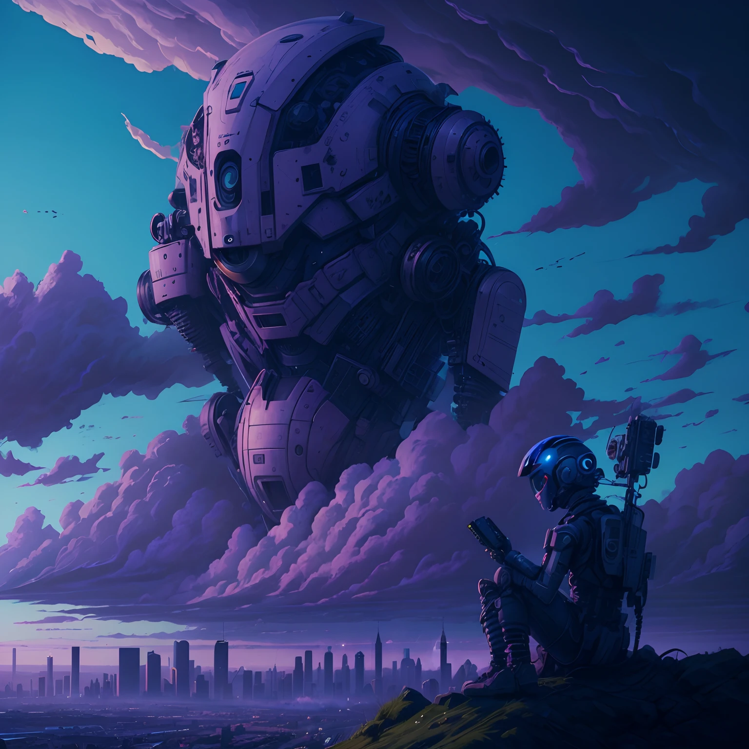 a very sad robot, melancholy, crying, tears, on a hill overlooking a dystopian city, shot from behind, extreme long shot, sitting on the edge of a hill-cliff, looking down at the city from above, story sky, storm clouds, mostly sunny, blue and pink and violet sky, 8k resolution, hyperdetailed, in the style of Ray Bradberry.