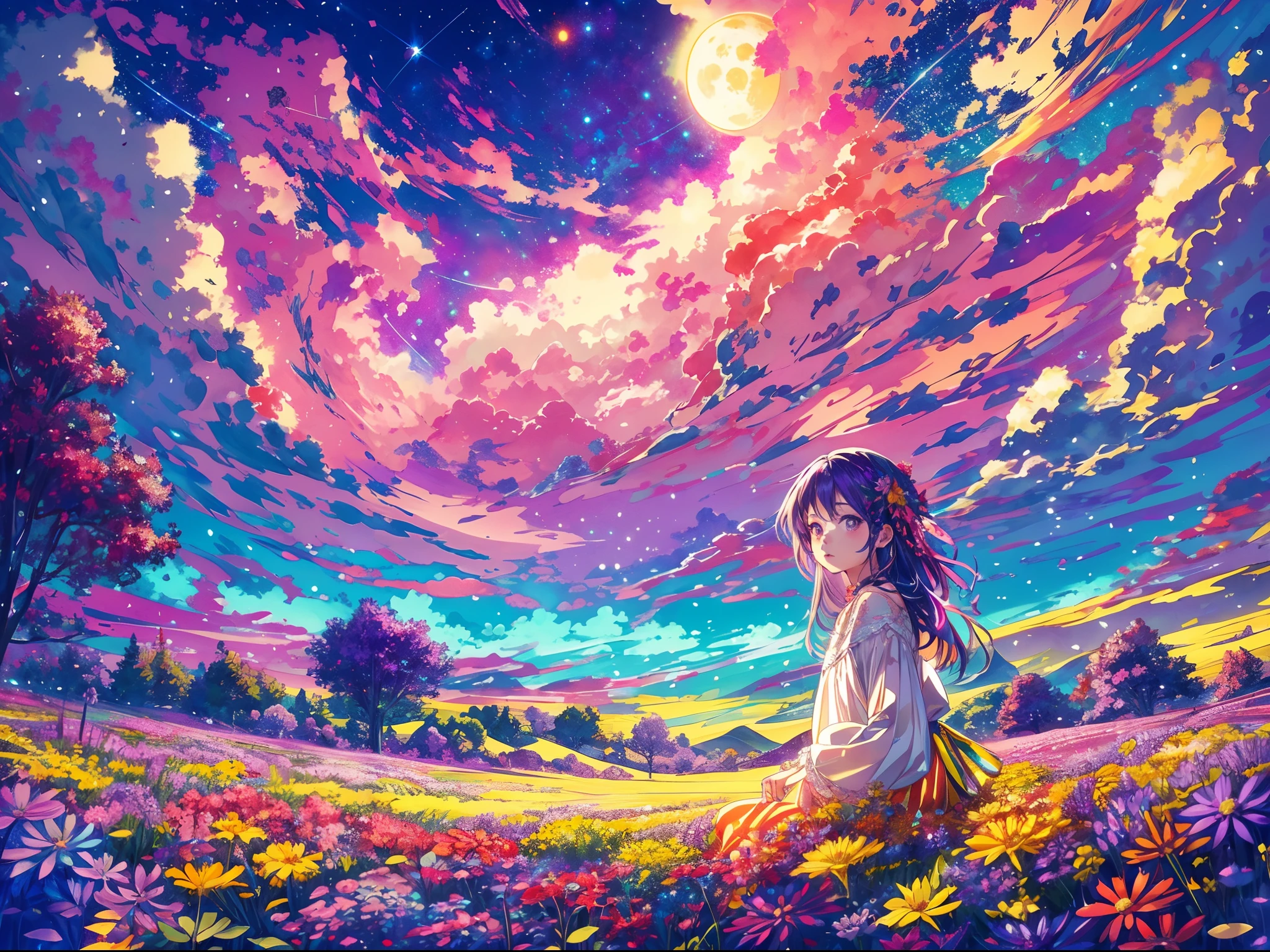 A wide landscape photo, (viewed from below, the sky is above, and the open field is below), an anime girl sitting on colorful flowers field looking up, (full moon: 1.2), (rainbow clouds: 0.9), (rainbow: 1.3), distant mountains , shooting stars, Crafting Art, (Warm Light: 1.2), (Firefly: 1.2), Lights, Lots of Purple and Orange, Intricate Details, colorful palette,Volumetric Lighting BREAK (Masterpiece: 1.2), (Best Quality), 4k, Ultra Detailed, (Dynamic Composition: 1.4), Rich in Detail and Color, (Rainbow Color: 1.2), (Glow, Atmospheric Lighting), Dreamy, Magical, (Solo: 1.2),