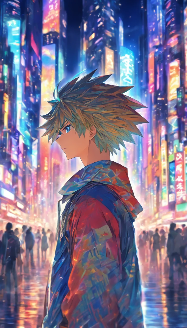 A young man standing at a street corner, facing a massive city, with a hint of confusion and unease in his eyes, but in the next moment, he gathers these thoughts and reveals a determined expression. The towering skyscrapers and bustling traffic of the city form the backdrop, creating a busy yet vibrant atmosphere.,32k, best quality, masterpiece, super detail, high details by Jidaimono Anime Style