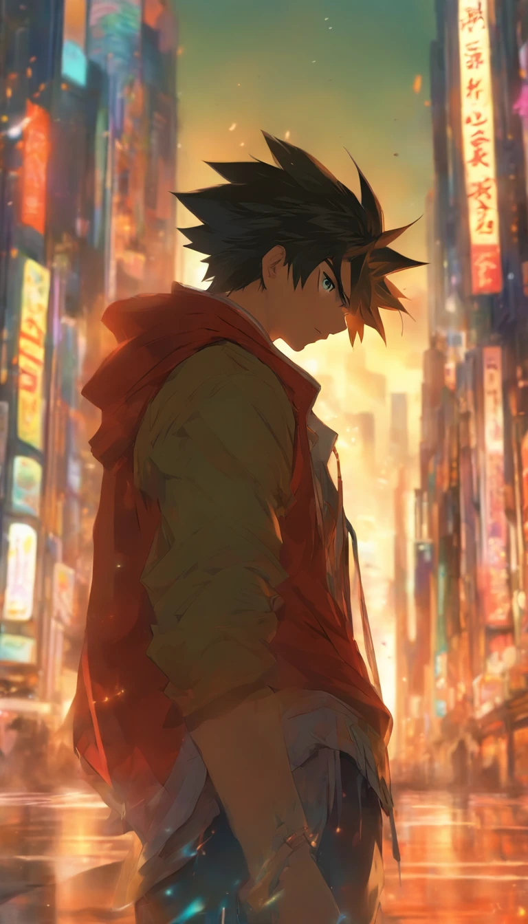 A young man standing at a street corner, facing a massive city, with a hint of confusion and unease in his eyes, but in the next moment, he gathers these thoughts and reveals a determined expression. The towering skyscrapers and bustling traffic of the city form the backdrop, creating a busy yet vibrant atmosphere.,32k, best quality, masterpiece, super detail, high details by Jidaimono Anime Style