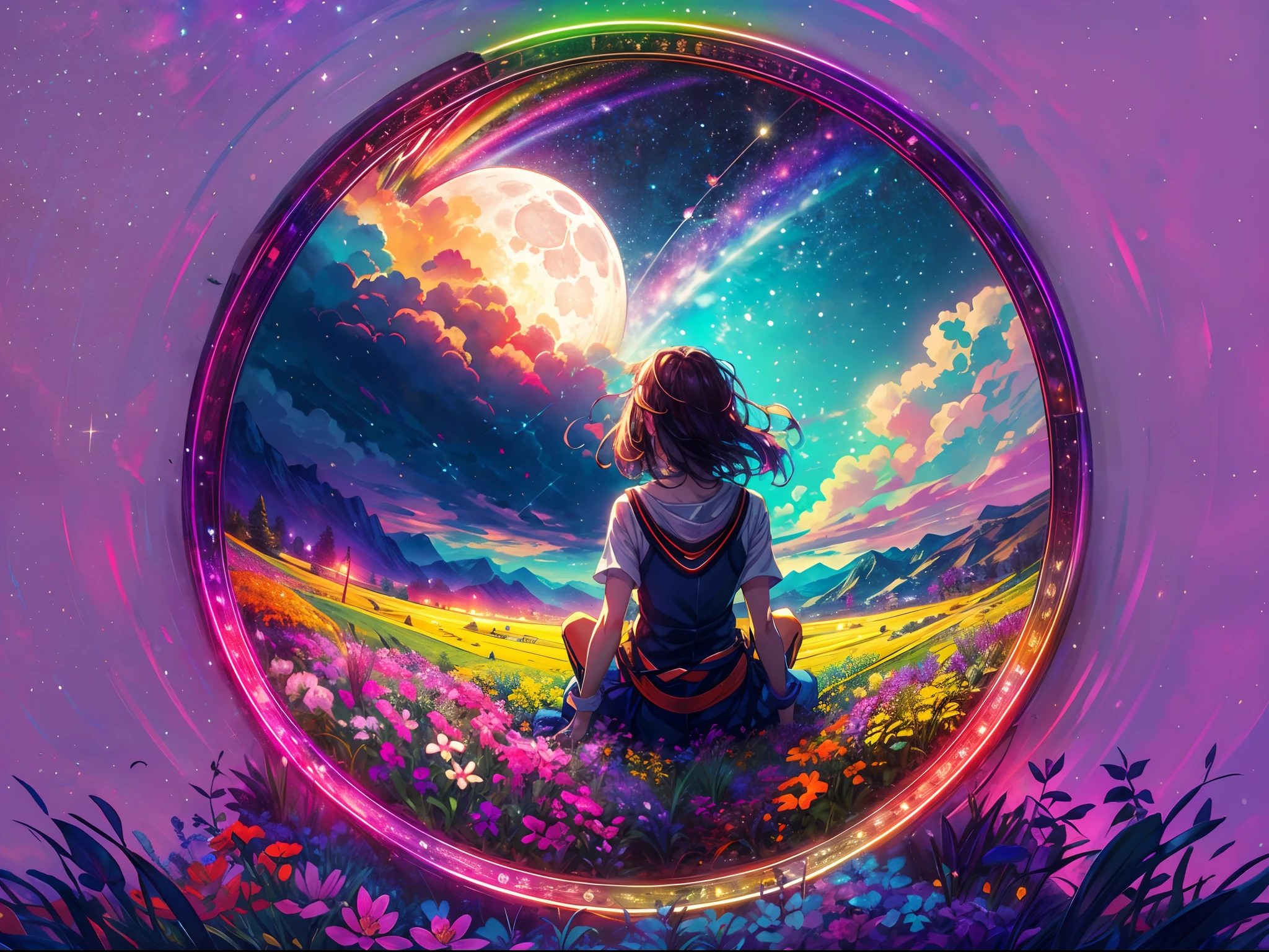 A wide landscape photo, (viewed from below, the sky is above, and the open field is below), an anime girl sitting on colorful flowers field looking up, (full moon: 1.2), (rainbow clouds: 0.9), (rainbow: 1.3), distant mountains , shooting stars,  Crafting Art, (Warm Light: 1.2), (Firefly: 1.2), Lights, Lots of Purple and Orange, Intricate Details, colorful palette,Volumetric Lighting BREAK (Masterpiece: 1.2), (Best Quality), 4k, Ultra Detailed, (Dynamic Composition: 1.4), Rich in Detail and Color, (Rainbow Color: 1.2), (Glow, Atmospheric Lighting), Dreamy, Magical, (Solo: 1.2),