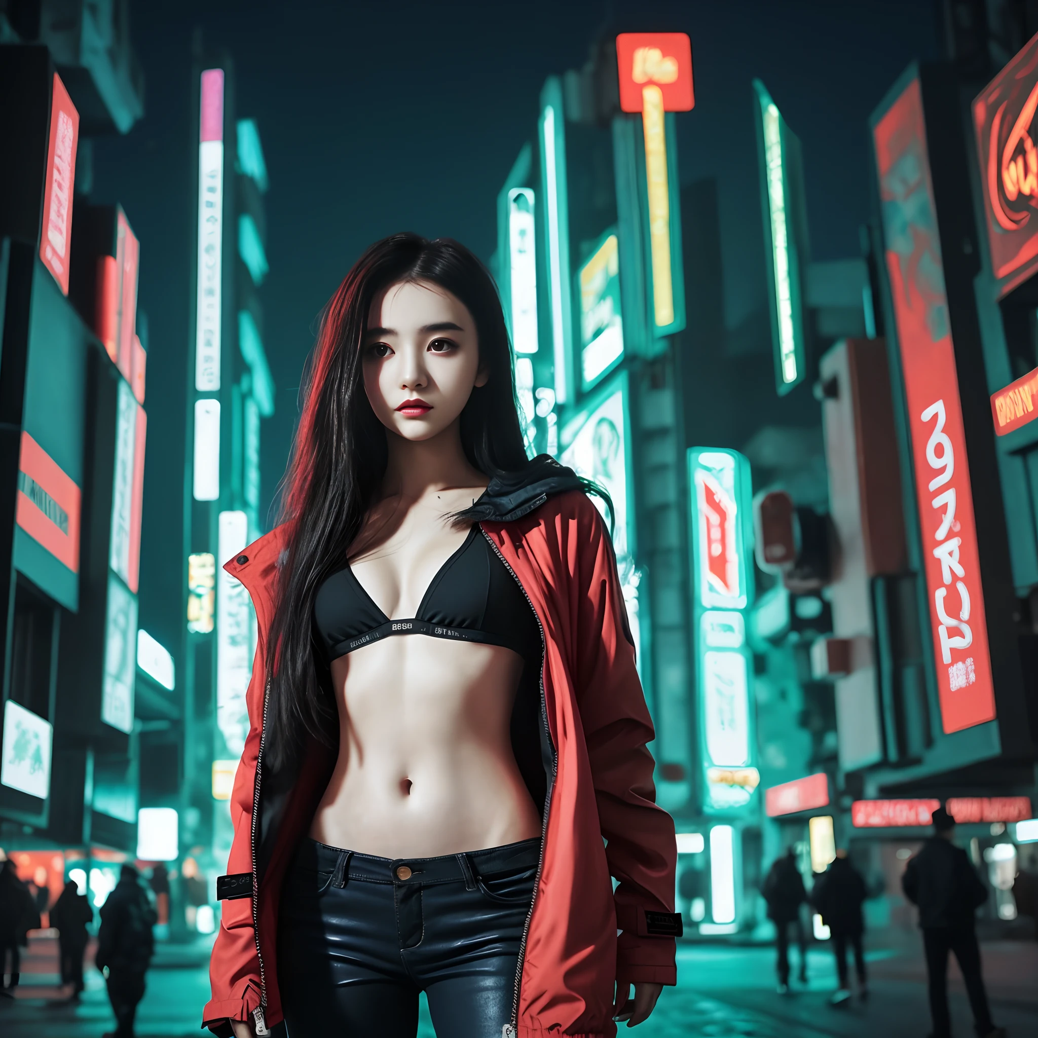 Beautiful girl's small breasts, Wearing a sturdy jacket, Long hair, Machine arm of cyberpunk night view, Cyberpunk red-green background