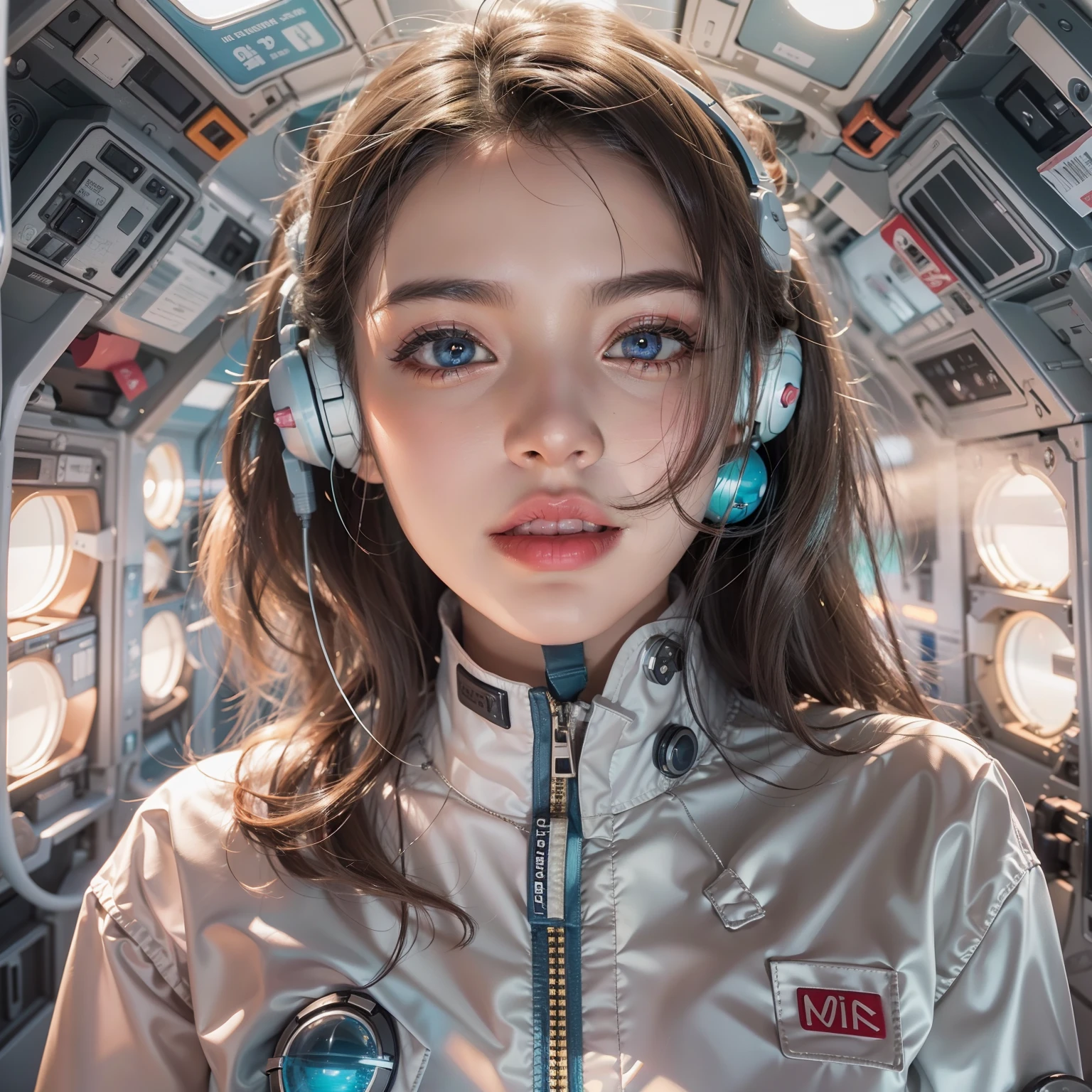 Seductive woman perfect beauty Very white skin beautiful eyes glossy lips sit on seat,Legs up Wearing a thin jumpsuit Feature earphone inside spacecraft