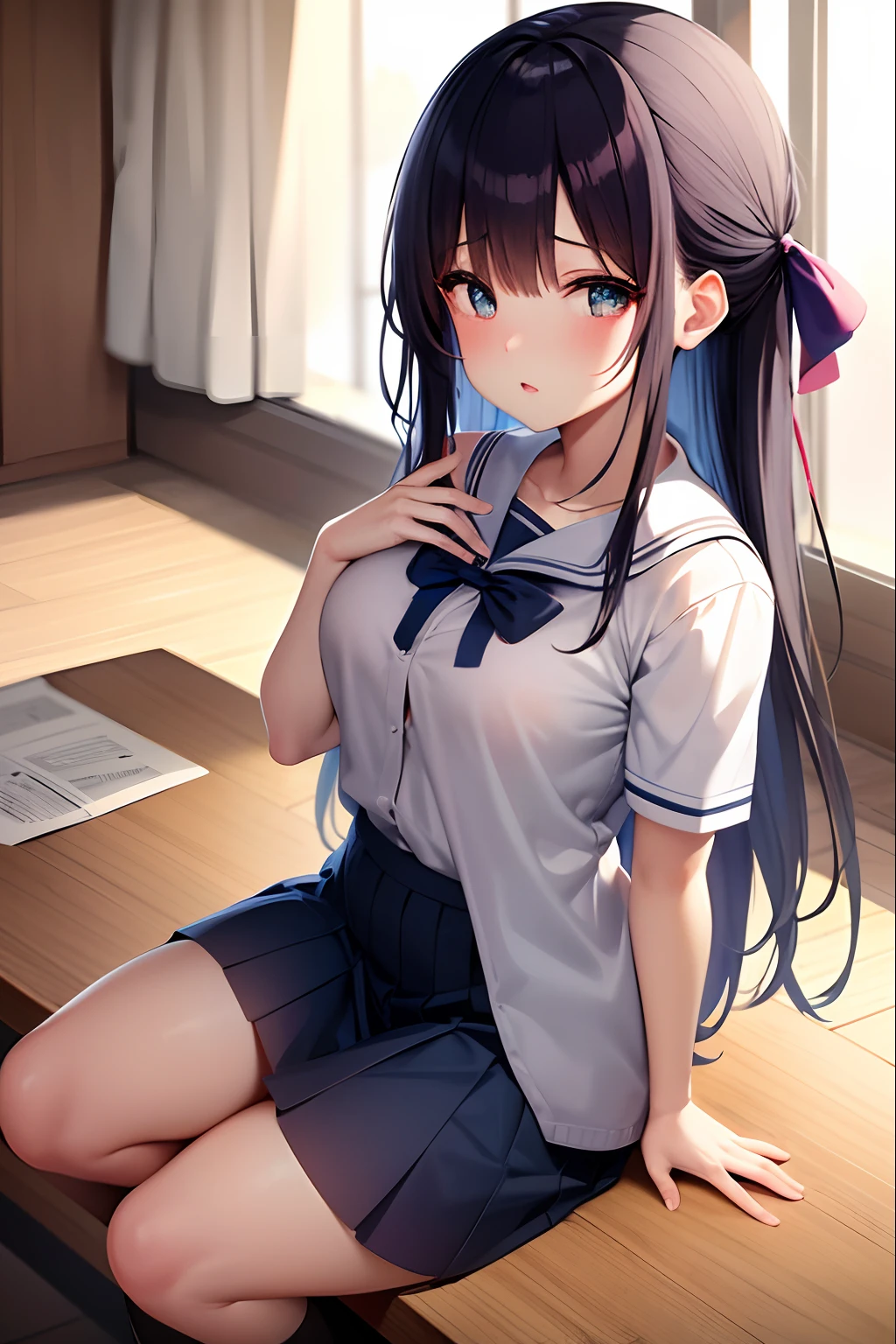 top-quality、masterpiece、1girl in、kawaii、hi-school girl、a miniskirt、Sit with your knees、Kamimei、Staring at me、